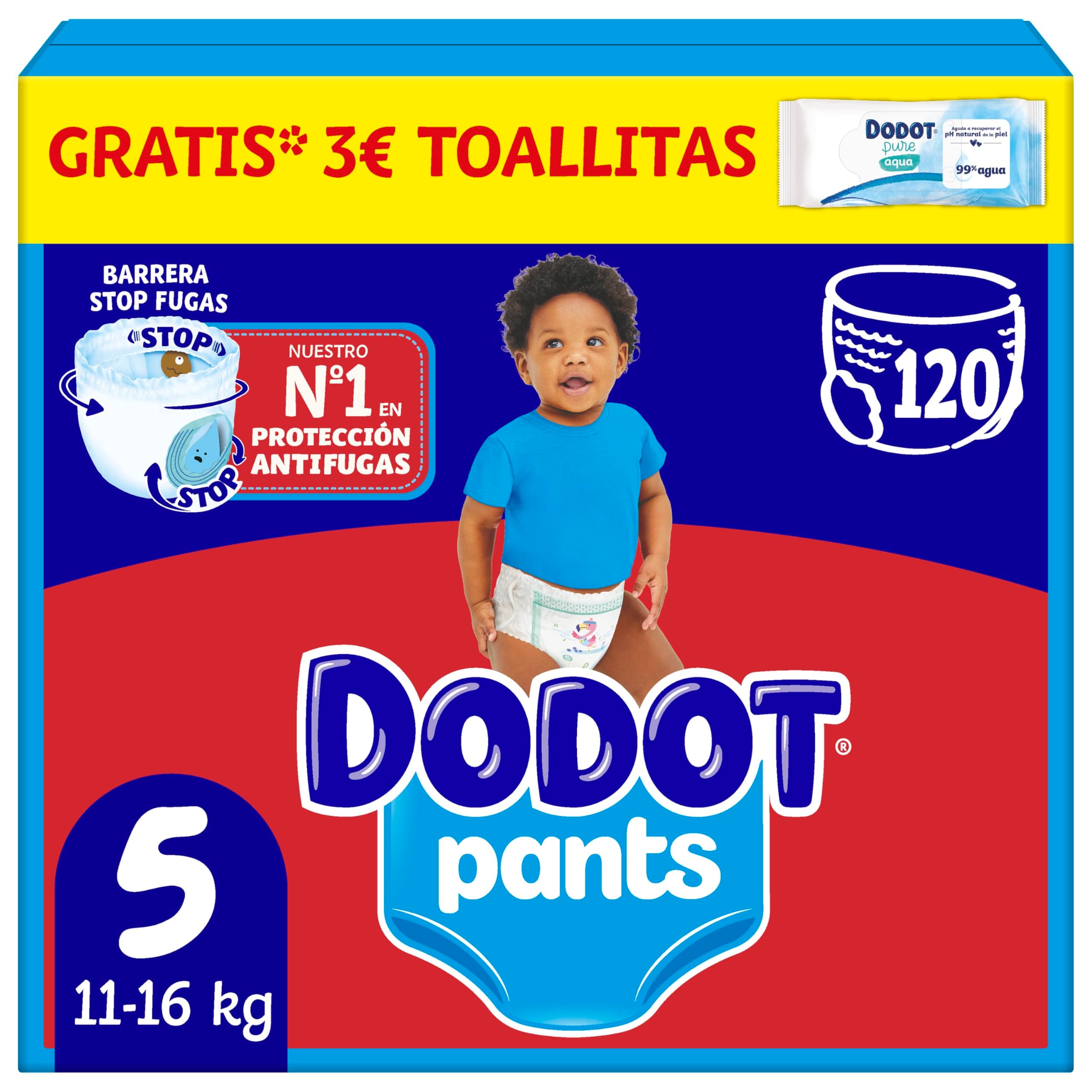 Dodot Bebé Pants Pañales, Talla 5, 11-16 kg, 120 Pañales, Pañal-Braguita con Ajuste 360° Anti-Fugas, Pack Mensual