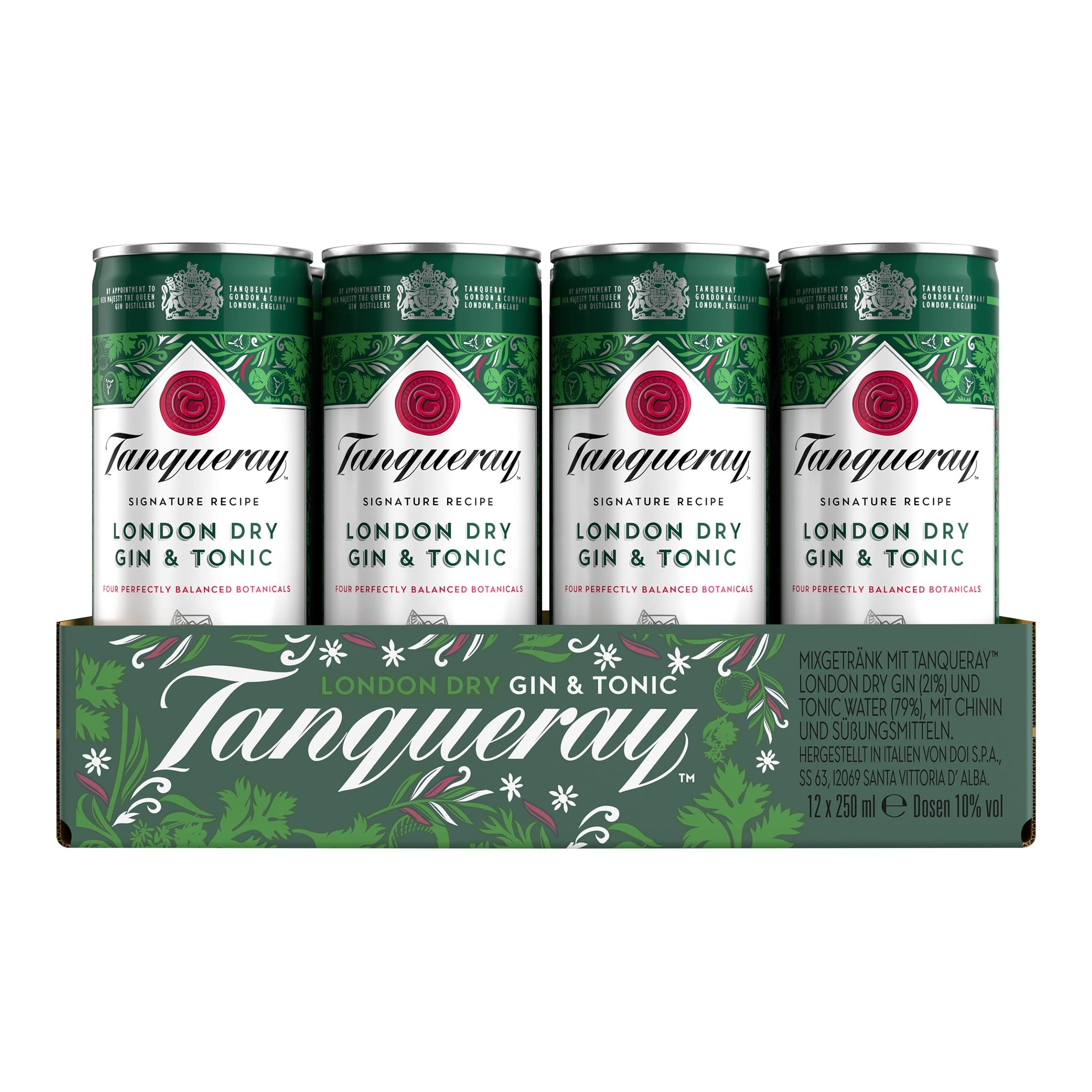 Tanqueray London Dry Gin & Tonic, Erfrischendes Sommer-Mixgetränk mit 10% Alkohol, 12 Dosen x 250 ml (EINWEG Verpackung), Trinkfertiges Getränk für unterwegs & gesellige Anlässe