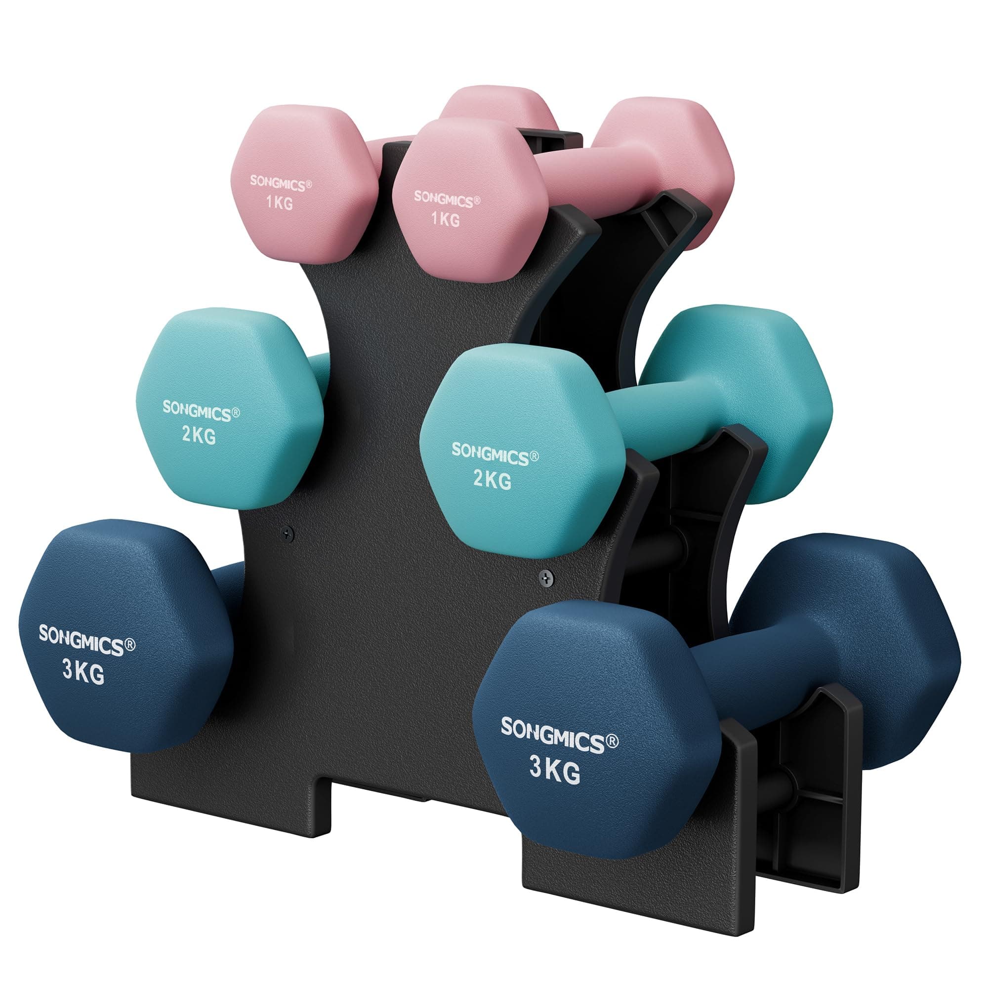 SONGMICS Hantel-Set, 3 Paar, 1kg-3kg，9kg oder 12kg, Aufbewahrung, Fitnessstudio, Krafttraining, rutschfeste Neopren-Beschichtung