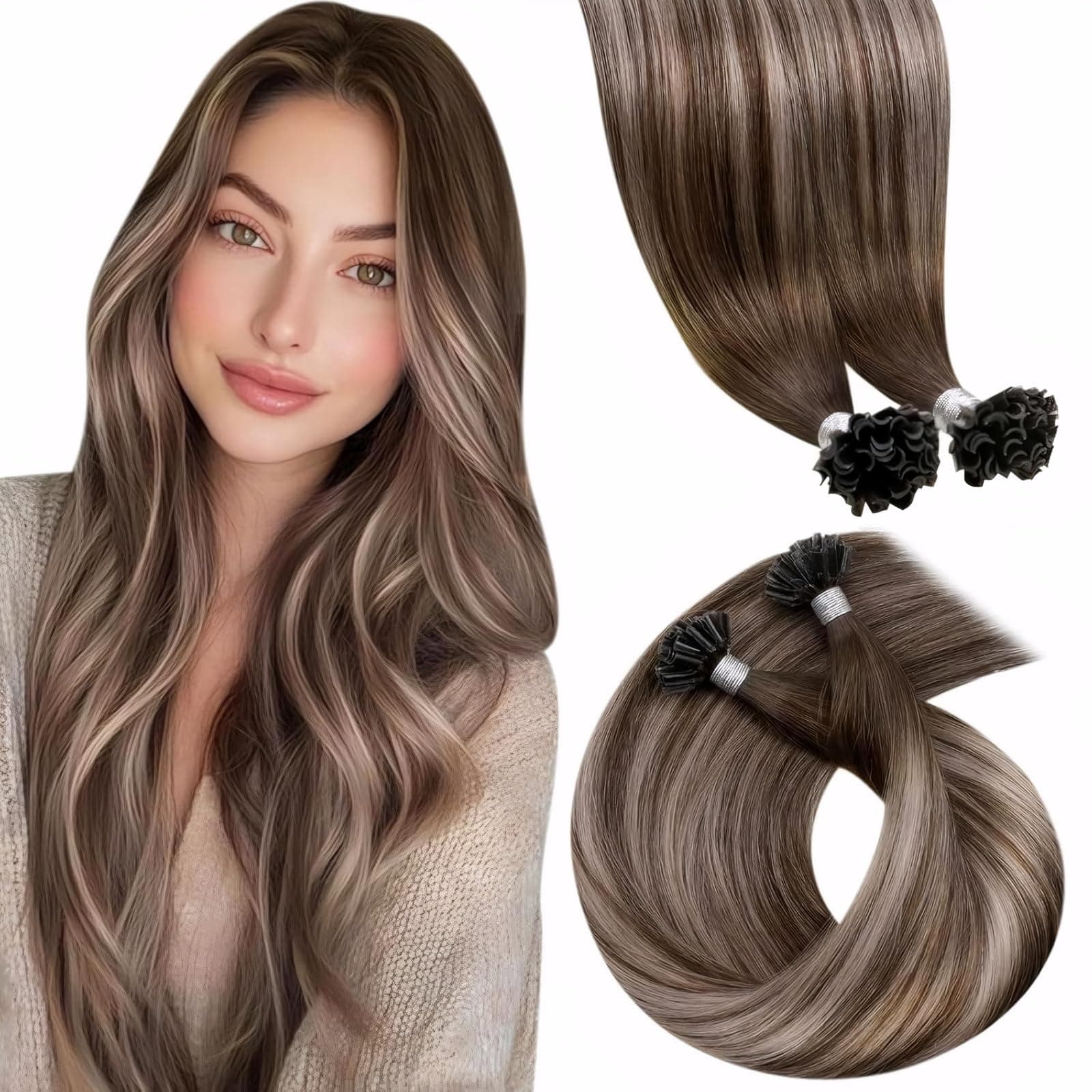 LaaVoo Extension Cheratina Capelli Veri Balayage Marrone Cioccolato a Biondo Scuro Extension Capelli Veri Cheratina Remy Lisci 45 cm 50g 50 ciocche #4/18/4