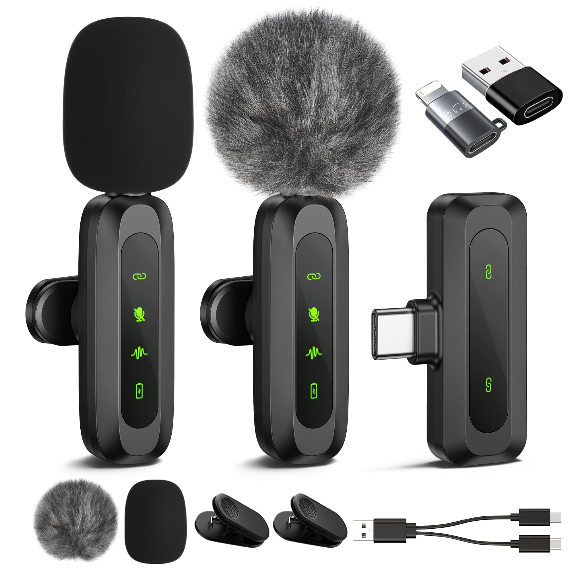 Jubolion Lot de 2 mini micros cravate sans fil pour iPhone, iPad et Android, avec écran LED, réduction du bruit, microphone à clipser Plug-and-Play pour enregistrement vidéo, TikTok, YouTube et