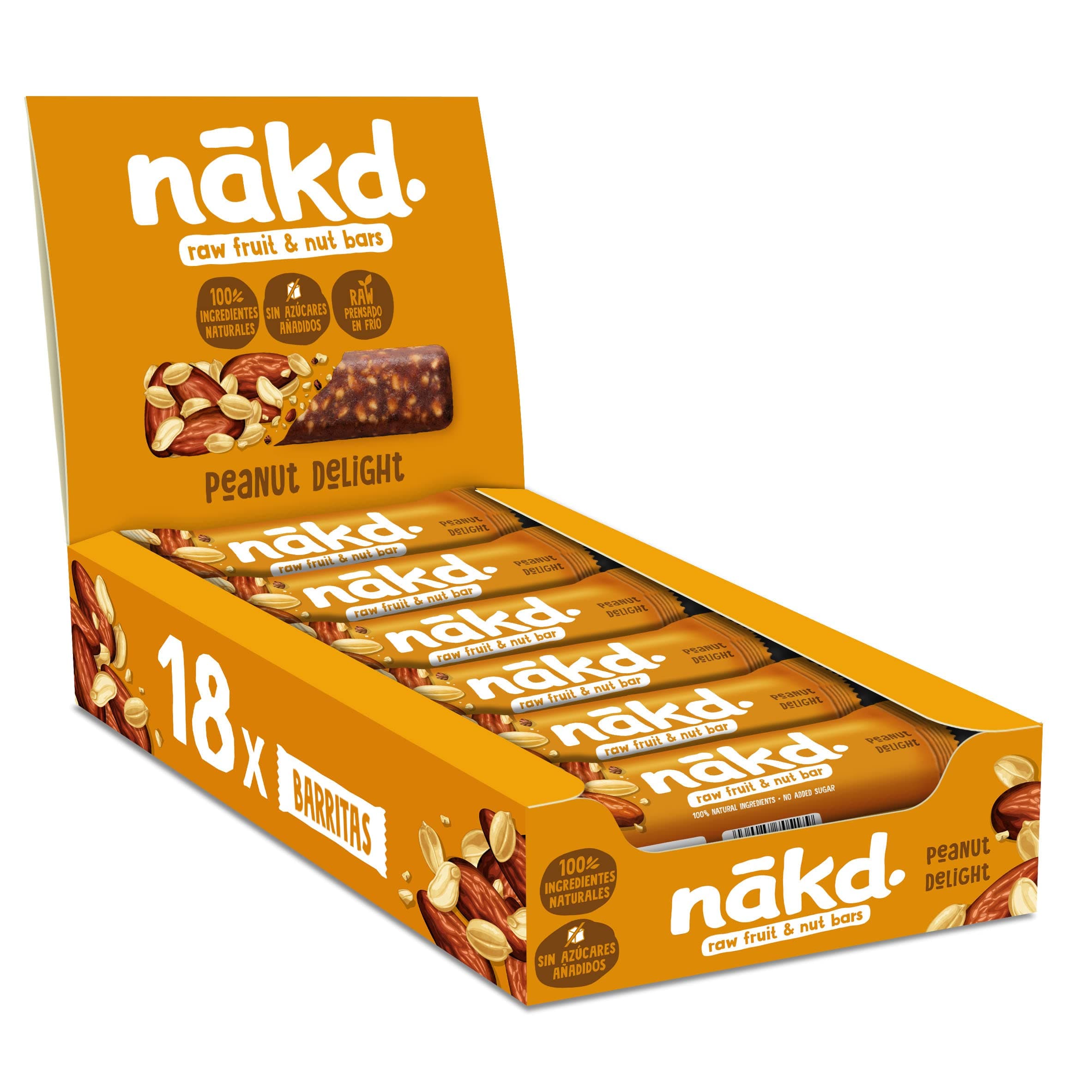 Nākd. Peanut Delight - Barritas Raw de Fruta y Frutos Secos - 100% Ingredientes Naturales - Sin Azúcar Añadido - 18 x 35g