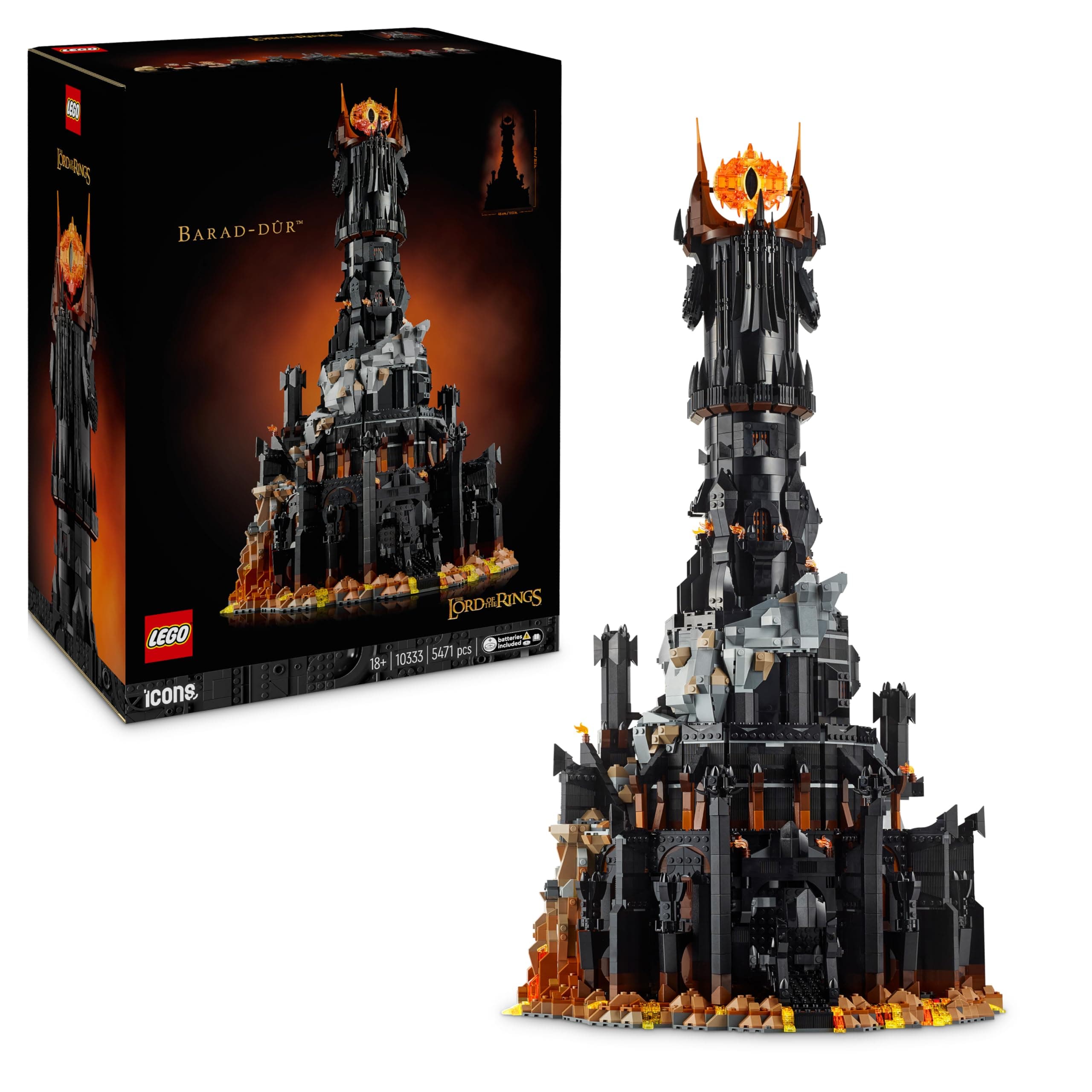LEGO Icons Le Seigneur des Anneaux : Barad-dûr - Set de Construction de la forteresse - Idée de Cadeau pour Adultes - Minifigurines de Sauron, Frodon, Sam, Gollum, Gothmog et des Orcs 10333