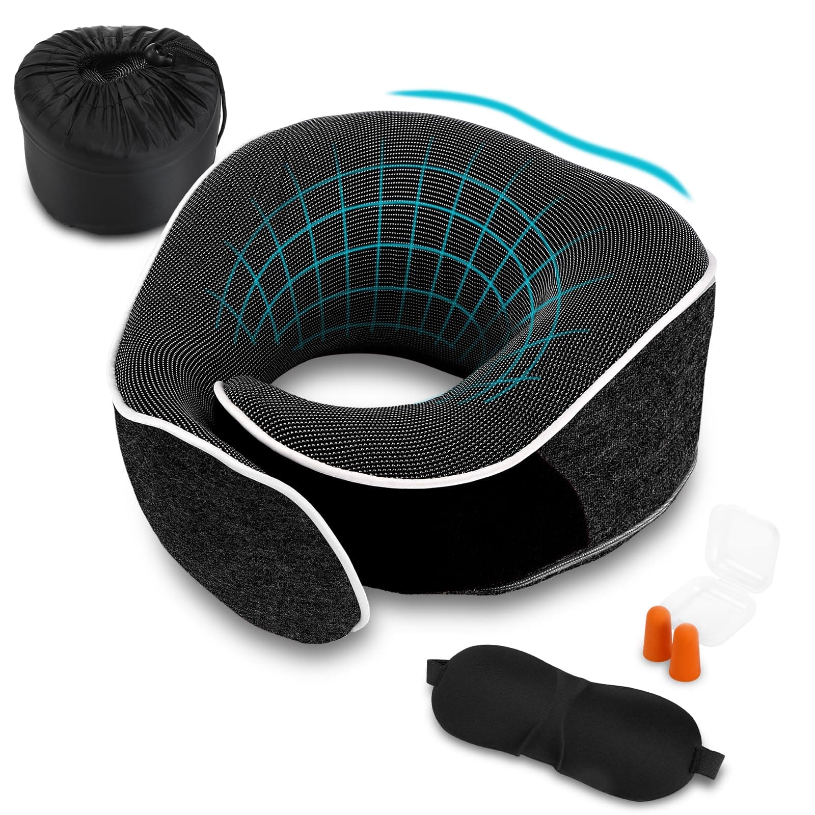 Collazoey Cuscino da viaggio, Set di cuscini per il collo in Memory Foam con maschera per gli occhi, tappi per le orecchie e custodia, Cuscino da viaggio dal design ergonomico (Grigio scuro)