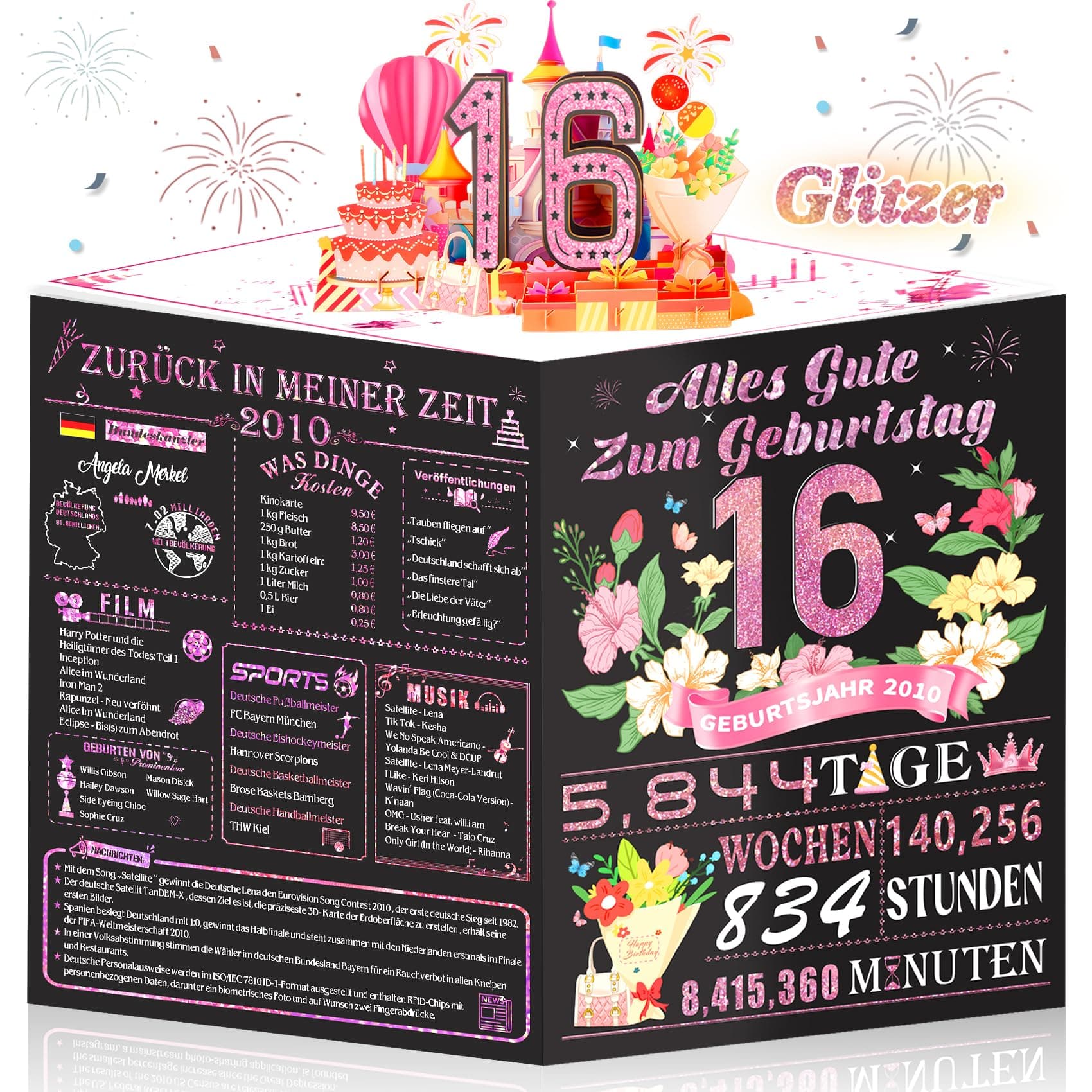 OLOSONG Geburtstagskarte 16 Geburtstag - 3D Pop Up Karte Geschenke 16 Jahre Mädchen, Sweet Roségold Deko 16. Geburtstag Für Freund Tochter Schwester Sie, Back in 2010 Mit Umschlag