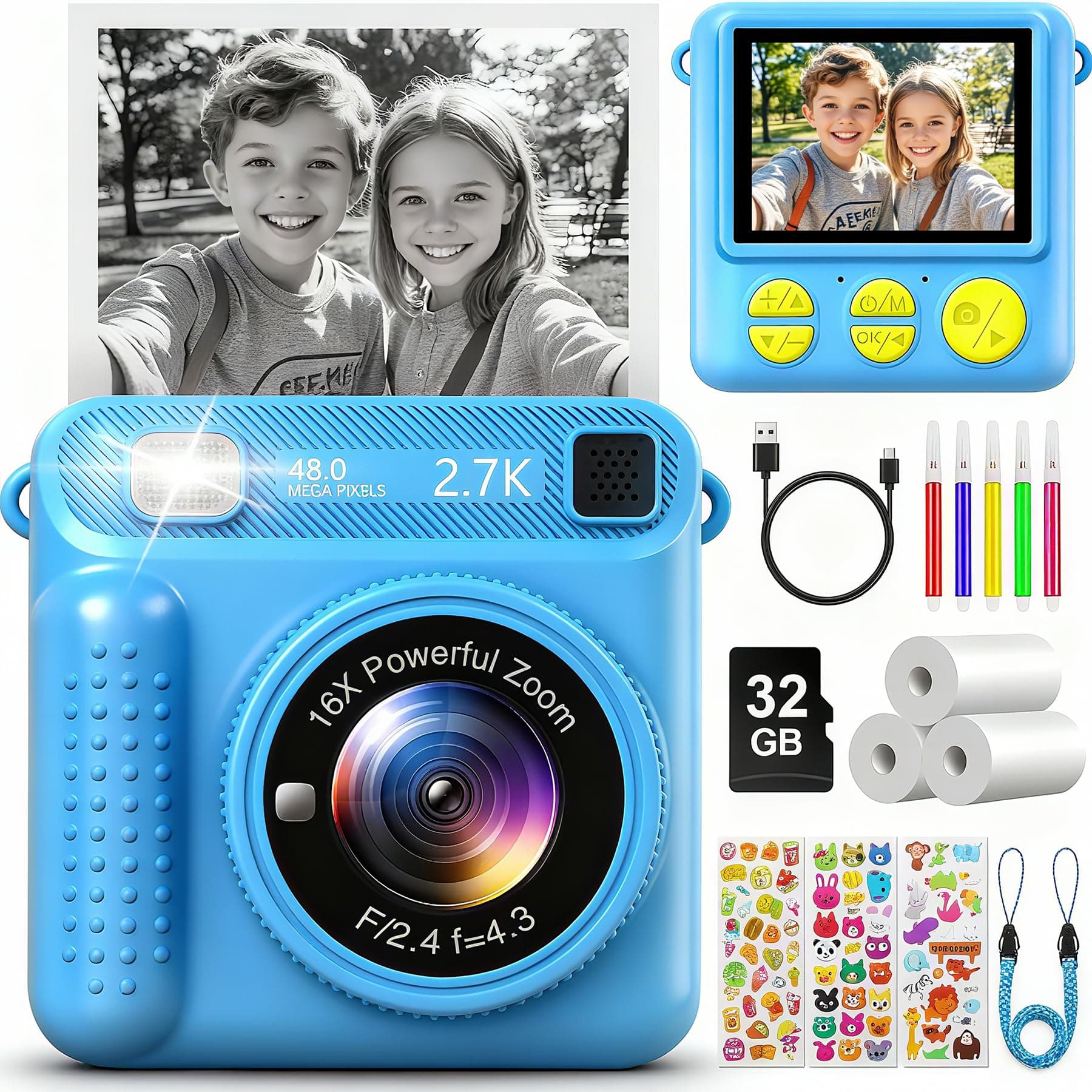 LUVTOY Macchina Fotografica Bambini Istantanea, 2.4 Pollici 1080P Fotocamera Bambini Digitale con 32GB Scheda e Carta da Stampa, Giocattolo Regalo di Natale Compleanno Bambino e Bambina 3-12 Anni