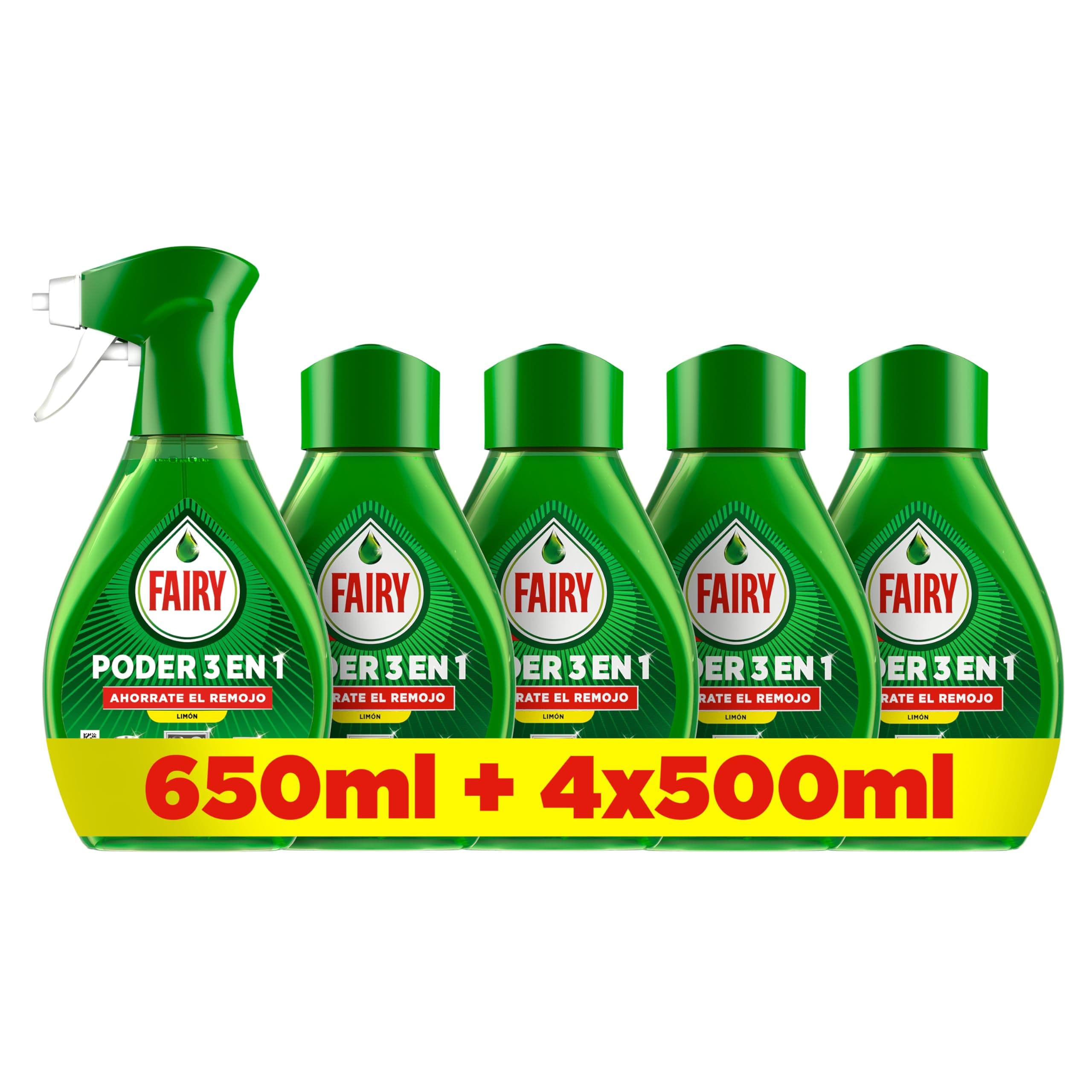 Fairy Pack Poder Sin Remojo Limón Spray 650ml + 4 Recambios 500ml, Antigrasa y Limpieza Rápida para Vajilla y Cocina