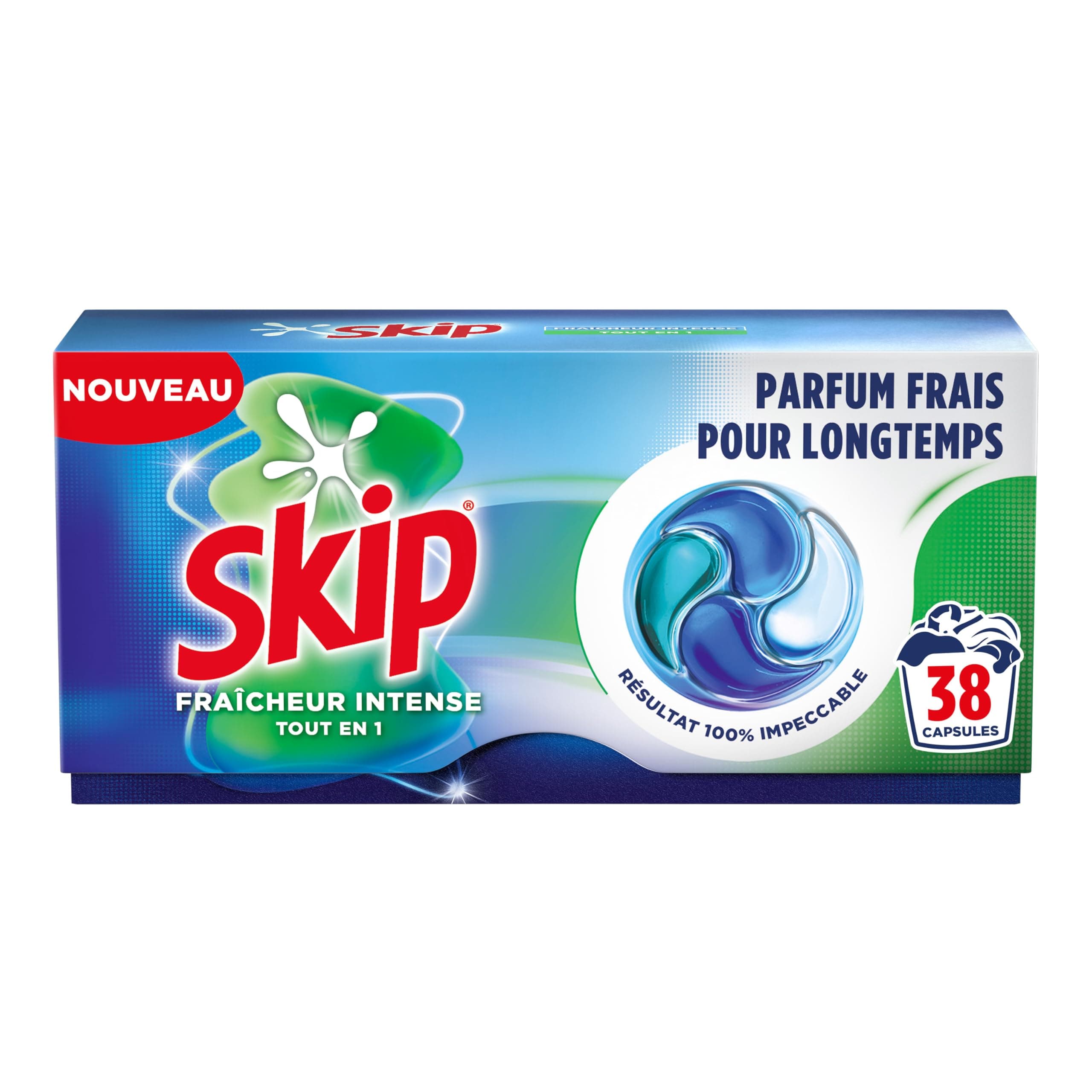 Skip Lessive Caps Tout en 1 Fraîcheur Intense - Élimine les Taches Tenaces Dès le 1er Lavage Même En Cycle Court et à Froid - Capsules Lessive Efficaces - Gamme 38 Lavages