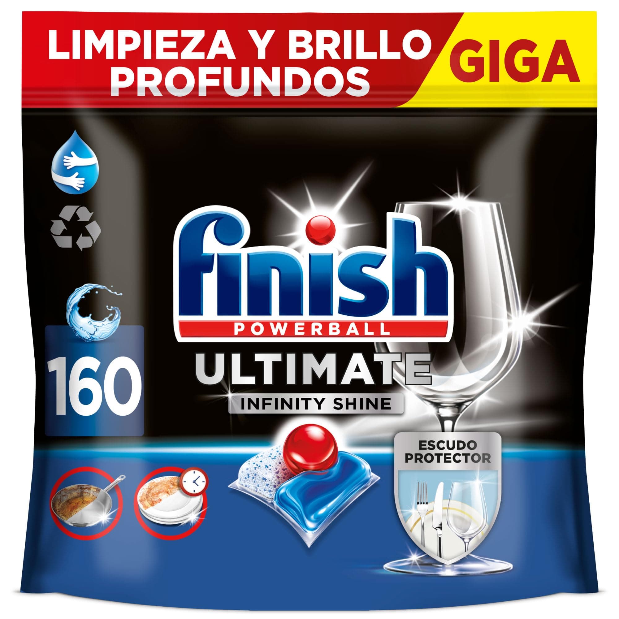 Finish Powerball Ultimate Infinity Shine, pastillas para el lavavajillas con poder quitagrasas y protección del cristal, 2 packs de 80, total 160 Pastillas