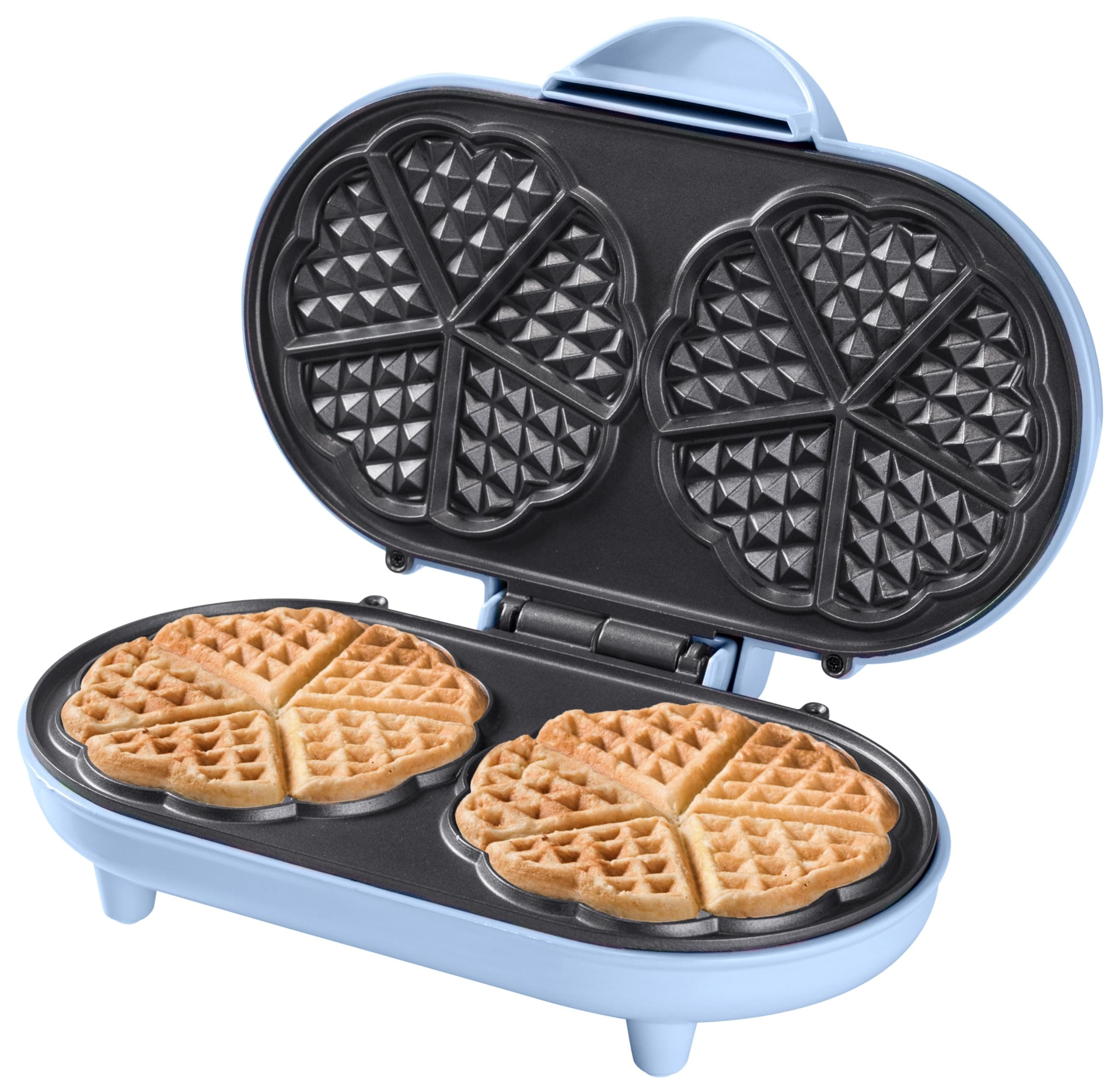 Bestron Doppel-Waffeleisen für klassische Herzwaffeln, Herzwaffeleisen mit Backampel & Antihaftbeschichtung, ideal für Kindergeburtstage, Ostern & Weihnachten, Farbe: Blau