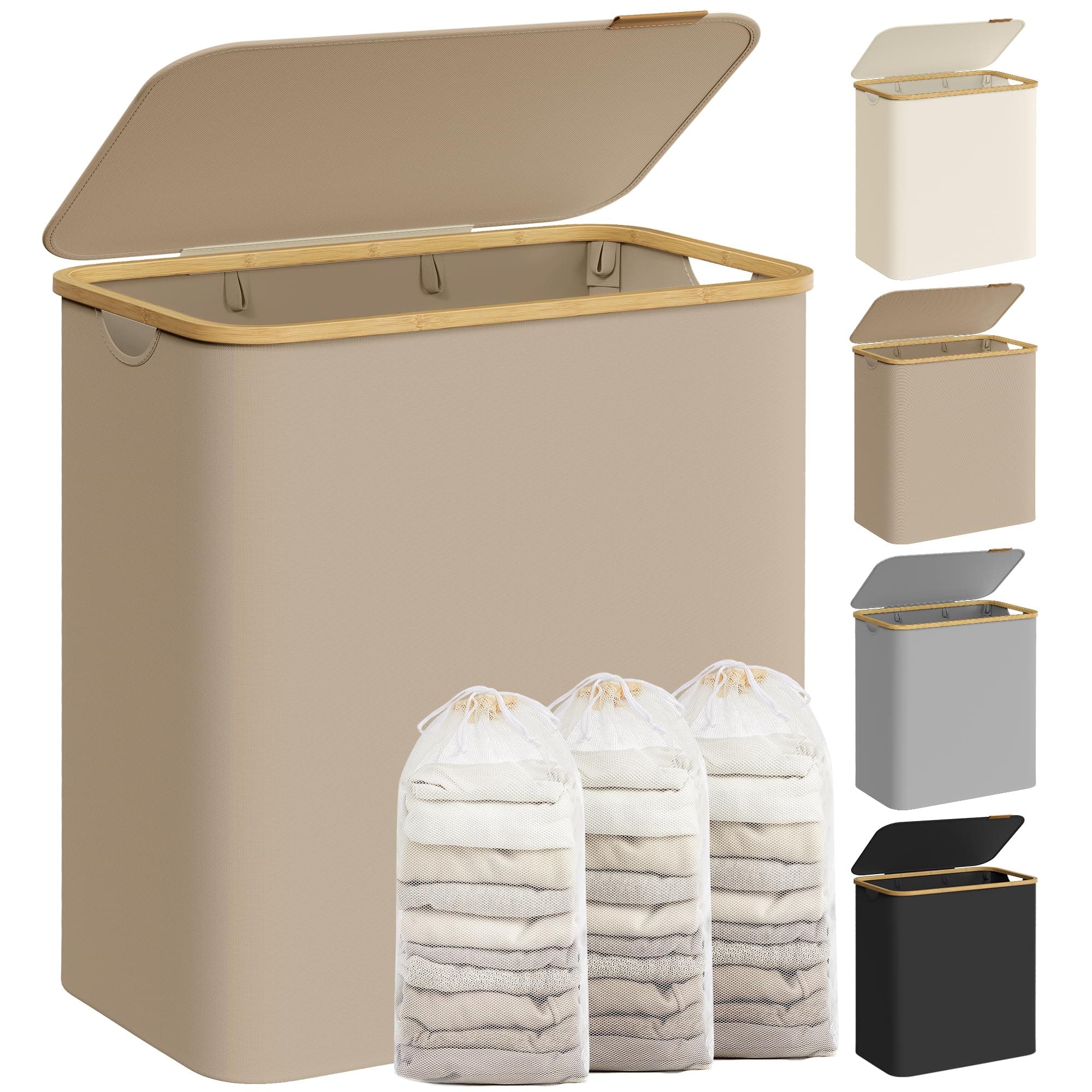 SONGMICS Wäschekorb mit Deckel, Wäschesammler mit 3 Fächern, 150 L, herausnehmbarer Wäschesack, Oxford-Gewebe, Griffe aus Bambus, zusammenklappbar, 60 x 38,5 x 70,5 cm, kamelbraun LCB515N02