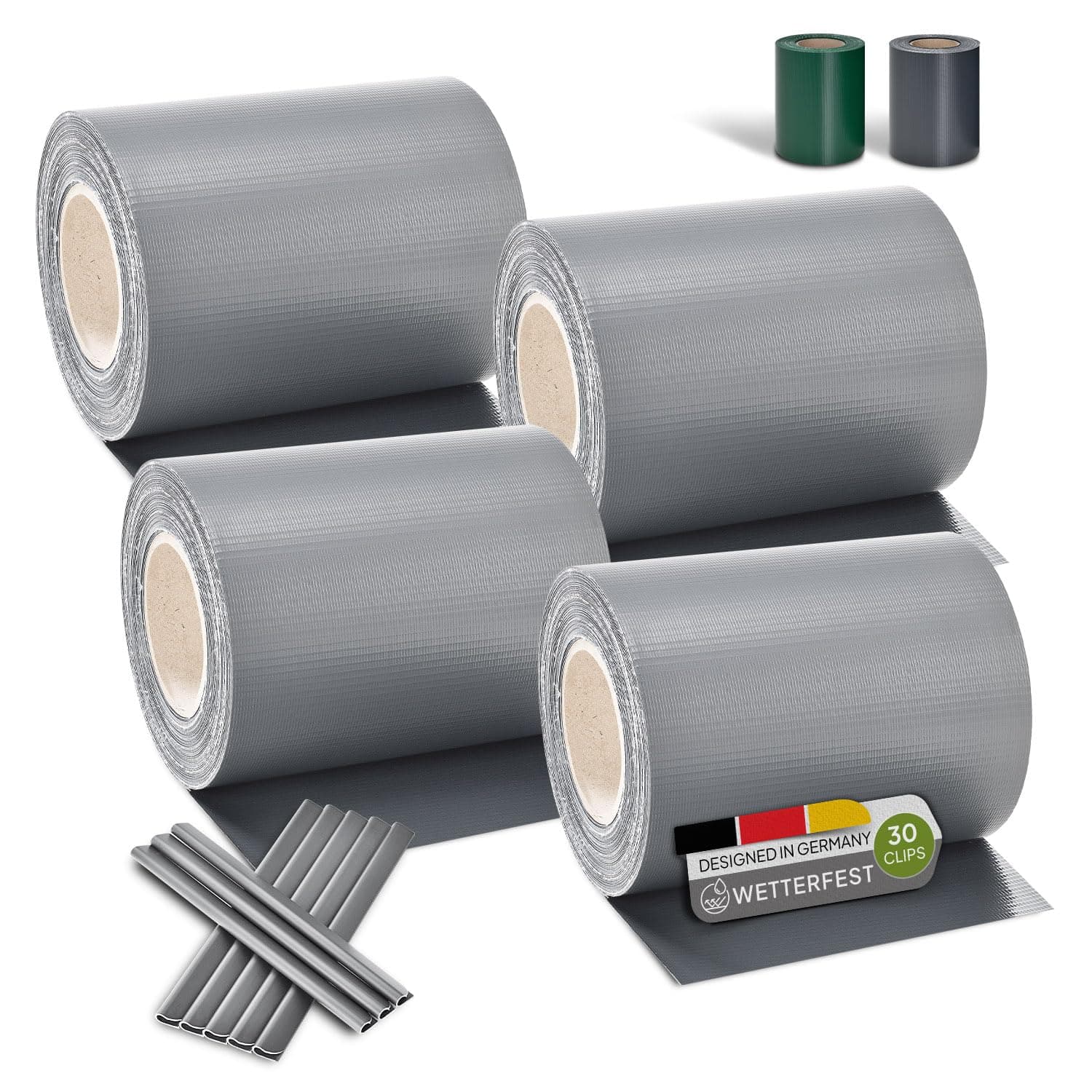 Juskys PVC Sichtschutzstreifen Doppelstabmatten Zaun 4er Set - 4 Rollen á 35m x 19cm - 120 Befestigungsclips - Zaunfolie Sichtschutz Windschutz - hellgrau