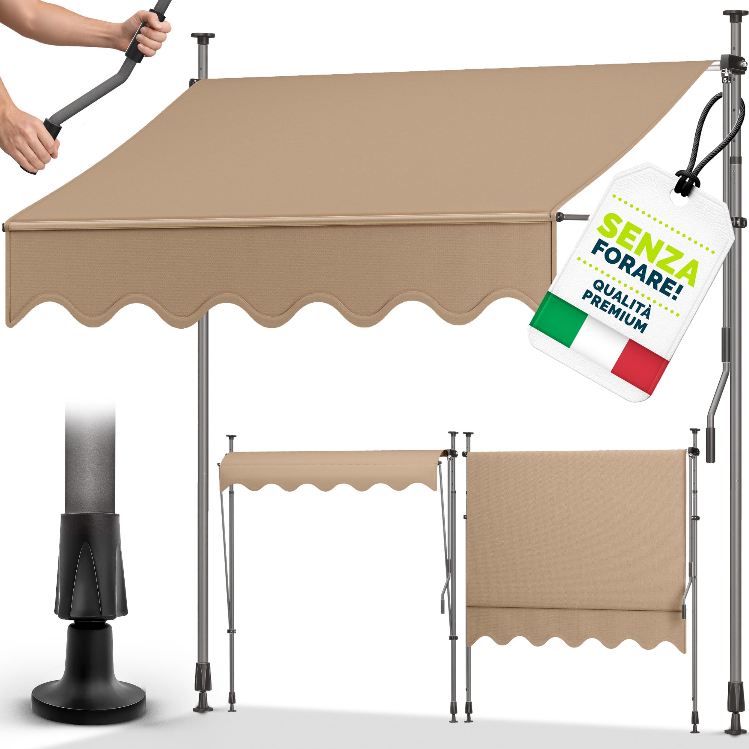 tillvex Tenda da Sole a Bracci con Manovella | Protezione per Balcone, Regolabile, Senza Forare | Tenda Resistente per Esterno Raggi UV e Regolabile in Altezza (Taupe, 150cm)
