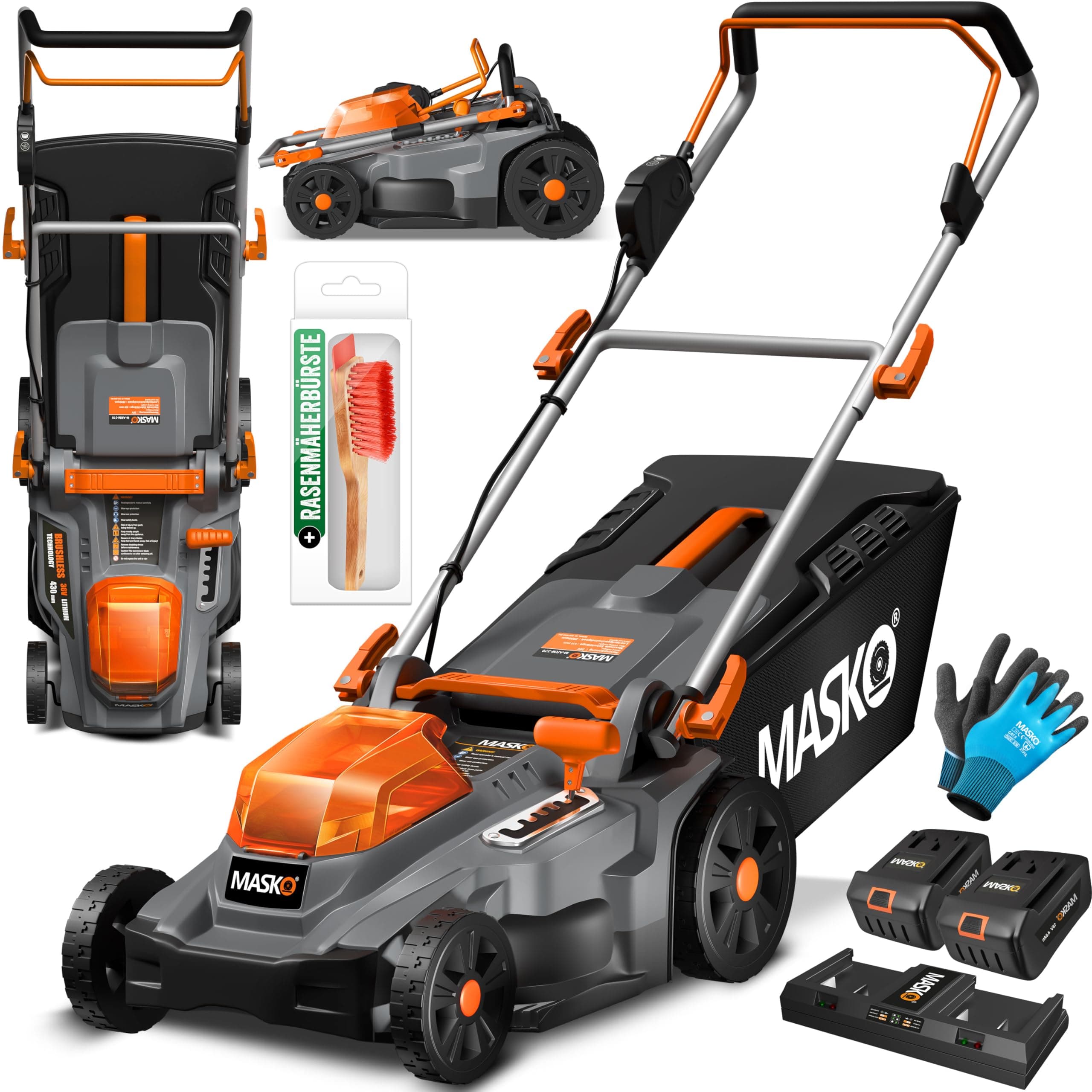 MASKO® Tondeuse à Gazon+ Fonction Mulching 2X Batteries & Double Chargeur+ Tondeuse à Gazon Largeur de Coupe 43cm 6X 25-75mm Réglage de la Hauteur Coupe Bac de ramassage 55L jusqu'à 650m² de Surface