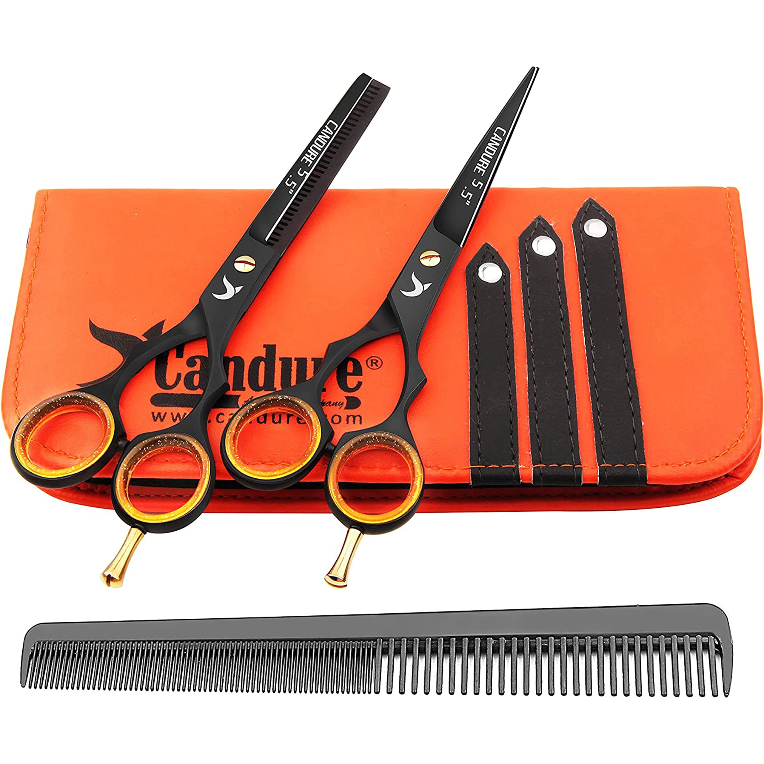 Candure - 5.5" tijeras de peluquería profesional - Deep Negro - tijeras de peluquería - Tornillo Fijar pelo de peluquería tijeras del corte del peluquero y salón de adelgazamiento Tijeras Set
