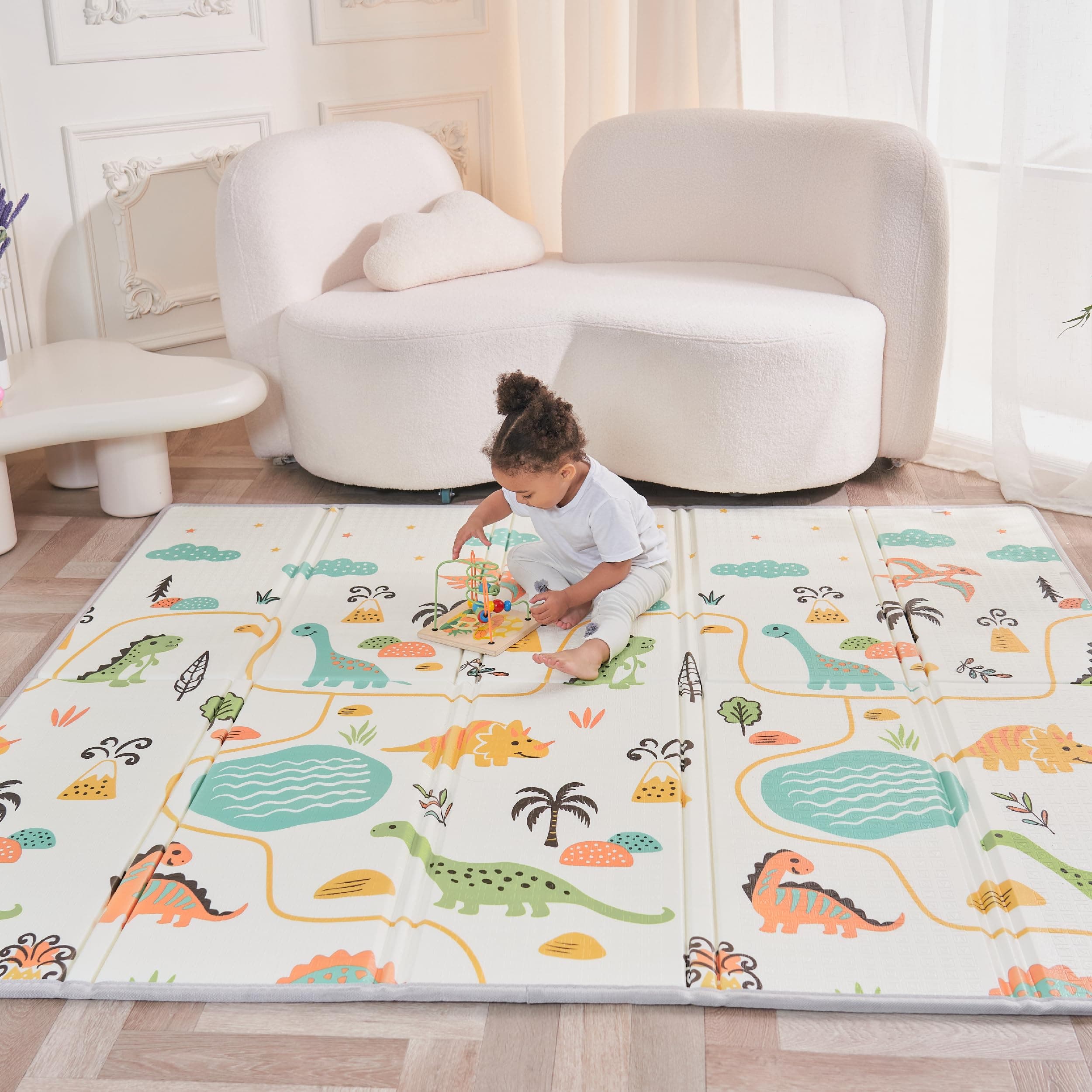 Superbe Bebe Tapis D'éveil Bébé Enfant Pliable Epais Réversible 150x180x1cm XXL - Tapis De Jeu De Sol et De Motricité en Mousse Favorisant Le Développement Sensoriel - Cadeau Naissance Dino