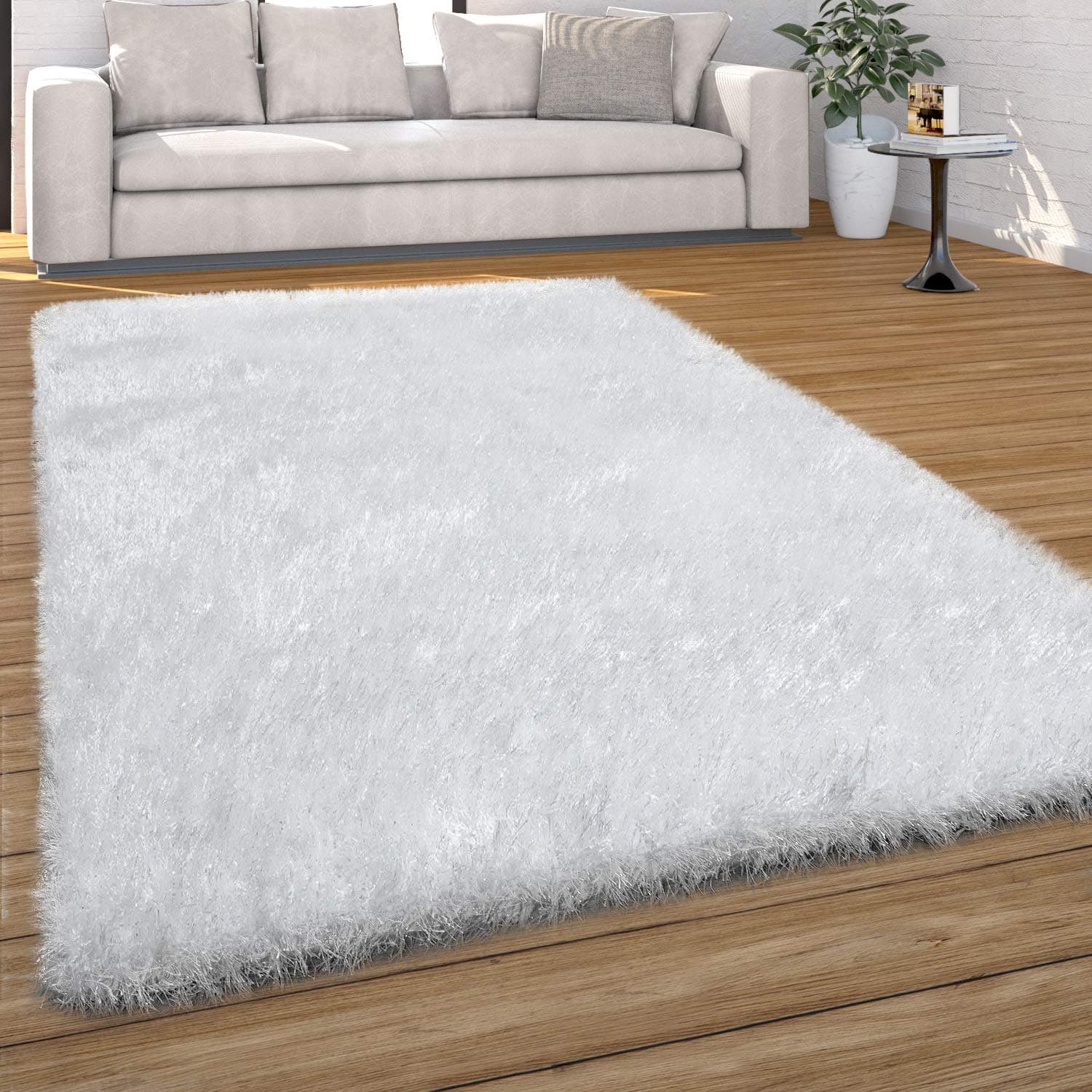 Paco Home Hochflor Teppich Wohnzimmer Schlafzimmer Shaggy Weich Modern Pastell Einfarbiges Design, Grösse:60x100 cm, Farbe:Weiß