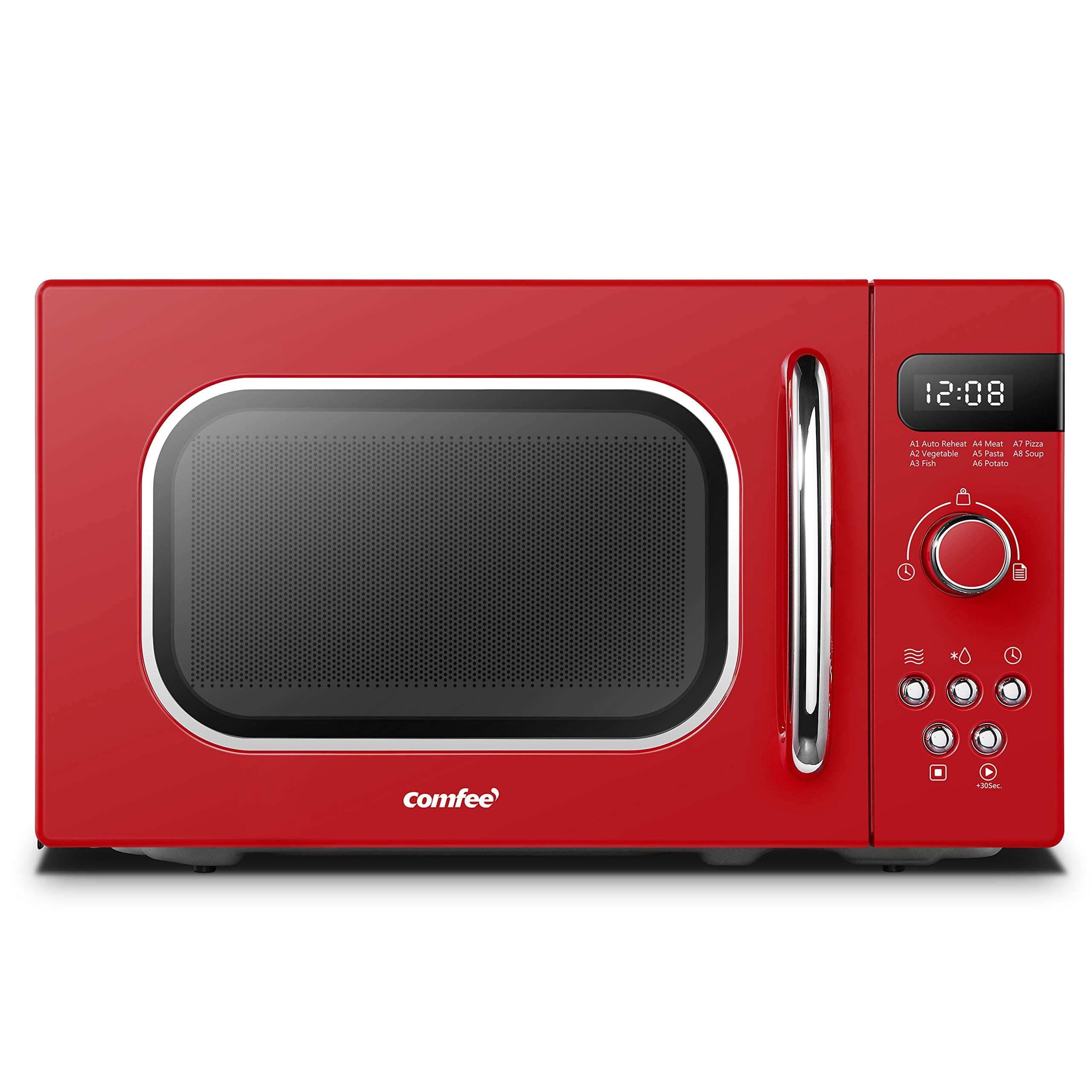 Comfee CMSRO 20 di rd Micro-ondes rétro avec 8 menus automatiques, 5 niveaux de puissance de cuisson, bouton de cuisson express, 20 L, 800 W, rouge passionné