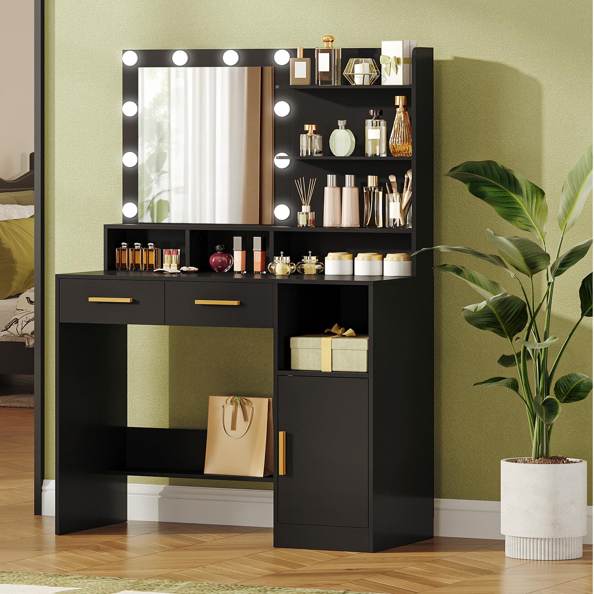 Hzuaneri Coiffeuse avec Miroir et 10 Lumières LED Réglables, Table de Maquillage avec 2 Tiroir et 1 Armoire, 3 Étagères et 4 Compartiments Ouverts,Noir DT32506X
