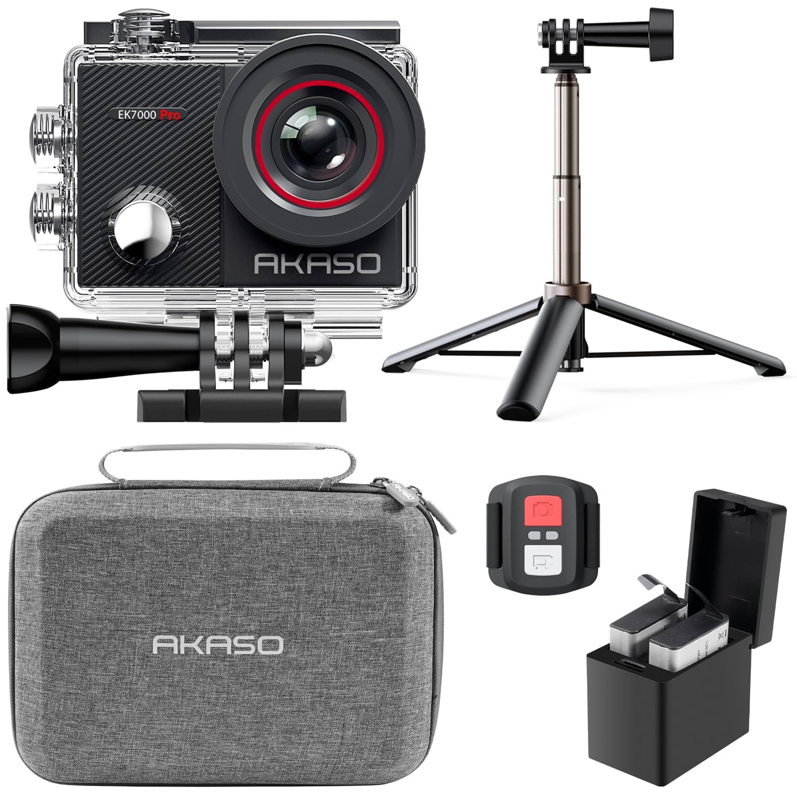 AKASO Pack de Creador EK7000 Pro Cámara Deportiva 4K WiFi 20MP, Bolsa de Almacenamiento para Cámara de Acción, Camara Acuatica Sumergible con 60CM Palo Selfie, 2 Baterías