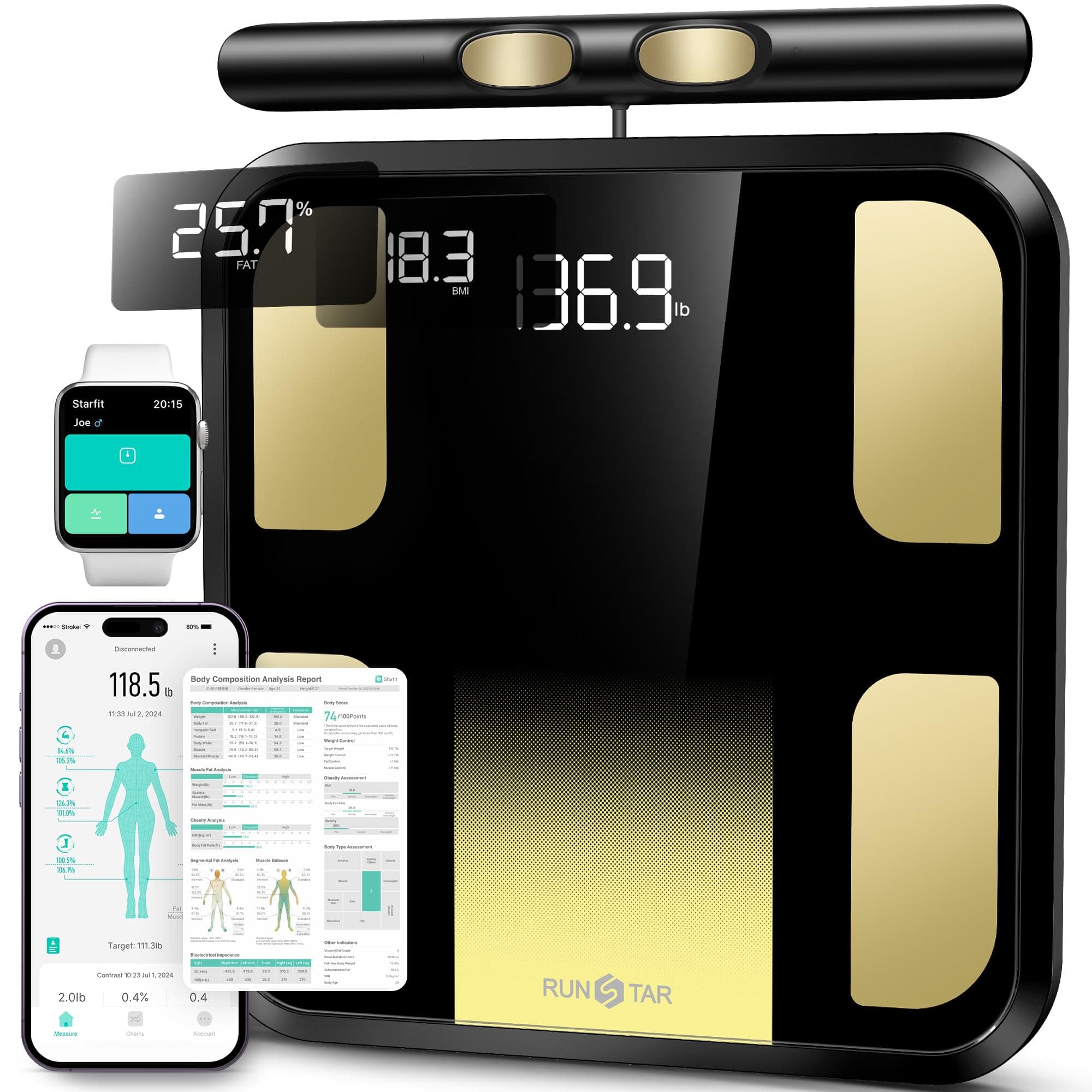 Báscula de baño RunStar para peso y grasa corporal, con 8 electrodos para IMC y masa muscular, monitor corporal de alta precisión con 28 mediciones, app y pantalla de 3 indicadores.