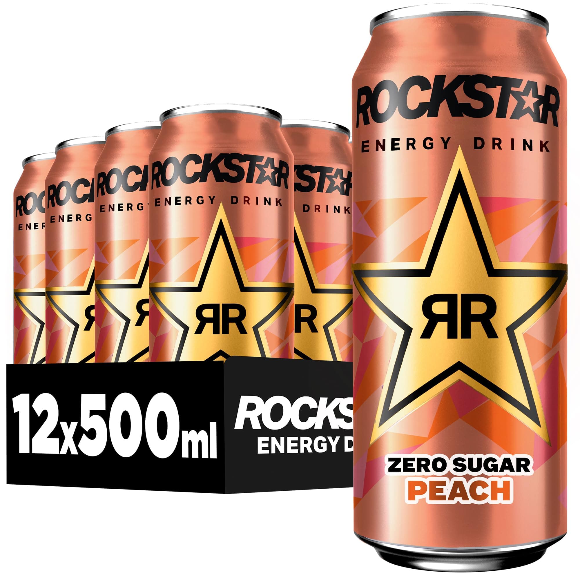 Rockstar Energy Drink Peach Geschmack - Zero Sugar - Koffeinhaltiges Erfrischungsgetränk ohne Zucker für den Energie Kick, EINWEG (12 x 500ml) (Verpackungsdesign kann abweichen)