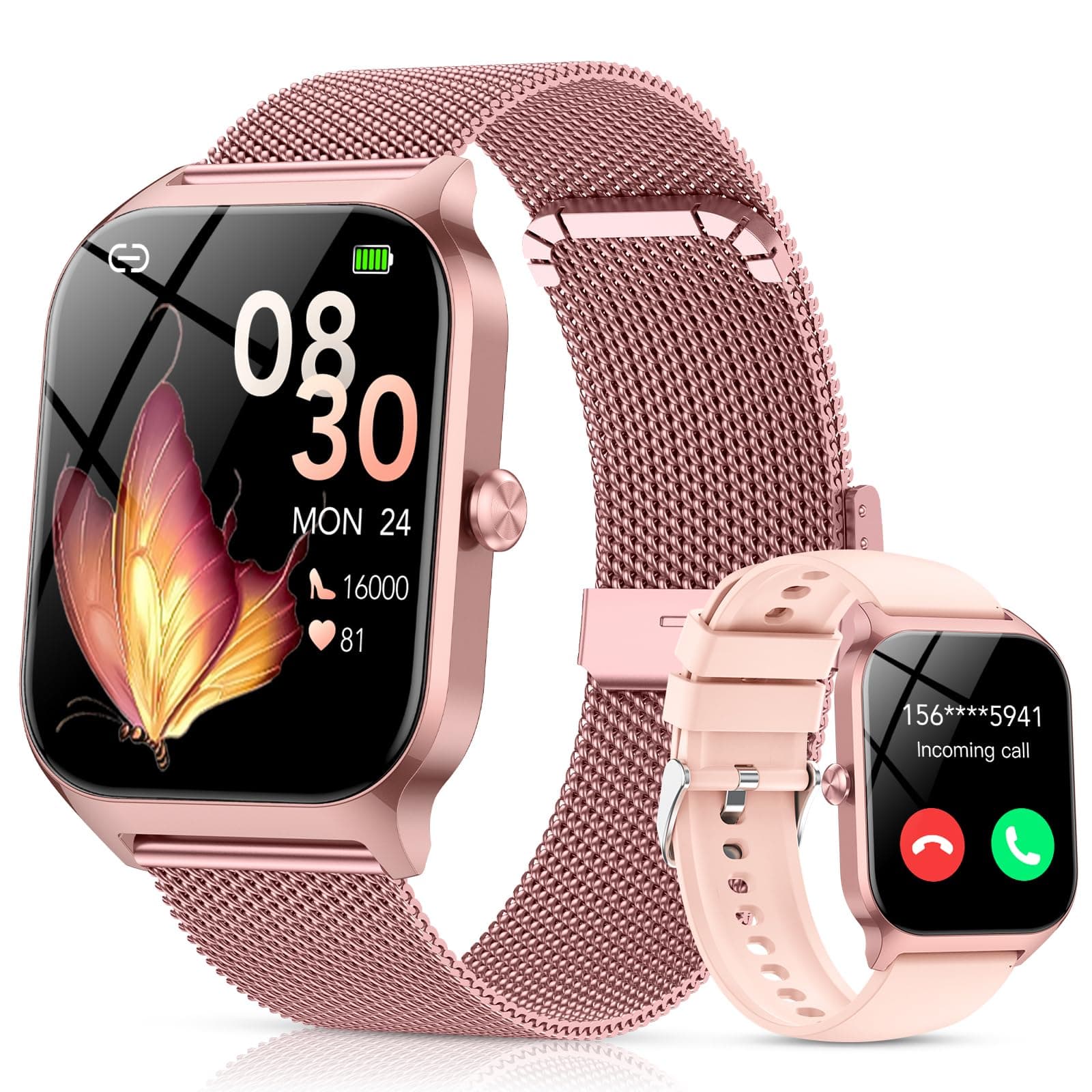 Reloj Inteligente Mujer con Llamadas Bluetooth y Asistente IA, Whatsapp Notificaciones,1.85" HD Smartwatch Mujer con SpO2/Pulsómetro/Monitor de Sueño,120+ Modos Deportes para iPhone Android,2 Correas
