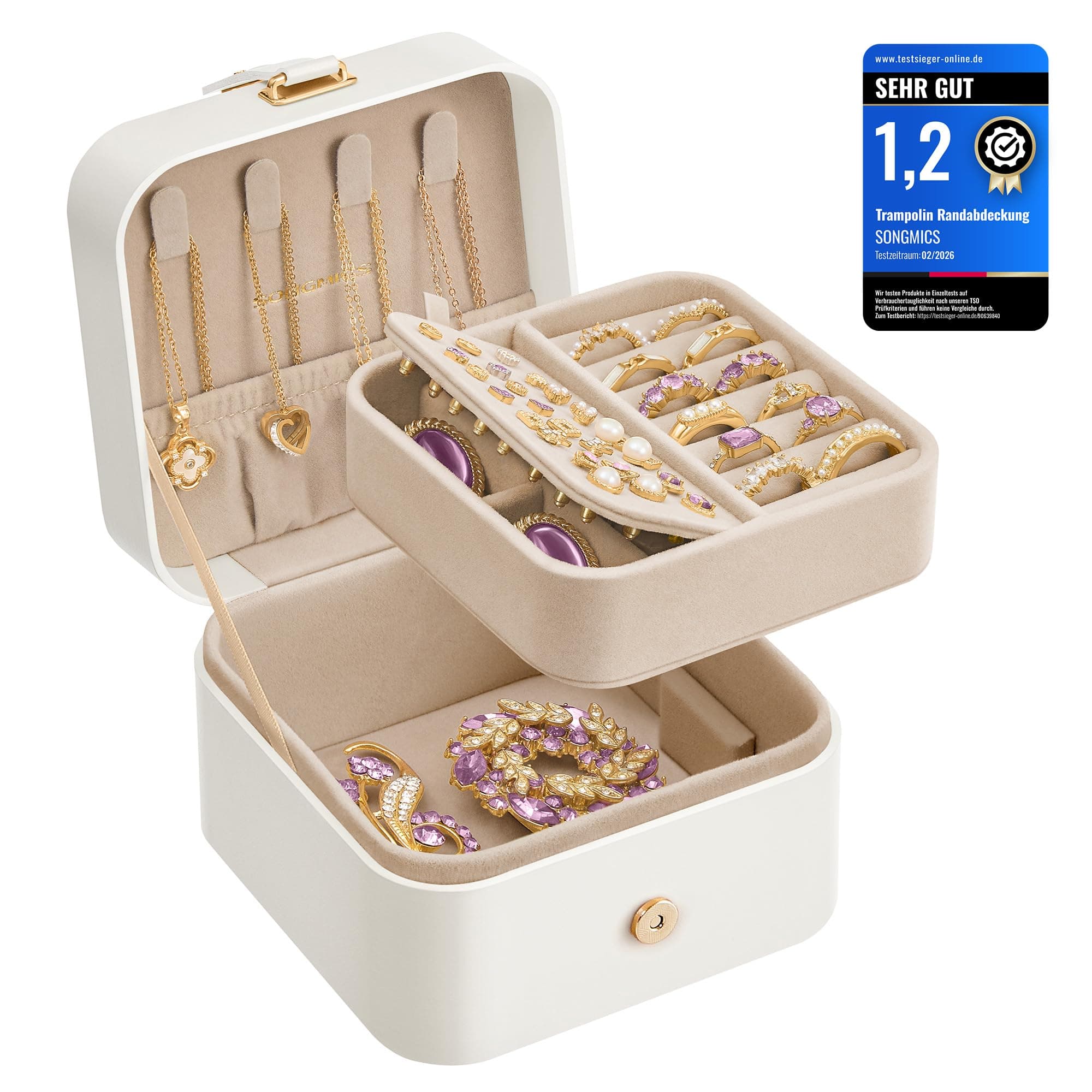 SONGMICS GISELLA Kollektion - Schmuckkästchen Reise mit 2 Ebenen, Schmuckkasten klein, Schmuckaufbewahrung, tragbar, für größere Accessoires, Geschenkidee, 11,2 x 11,8 x 7,2 cm, wolkenweiß JBC185W03
