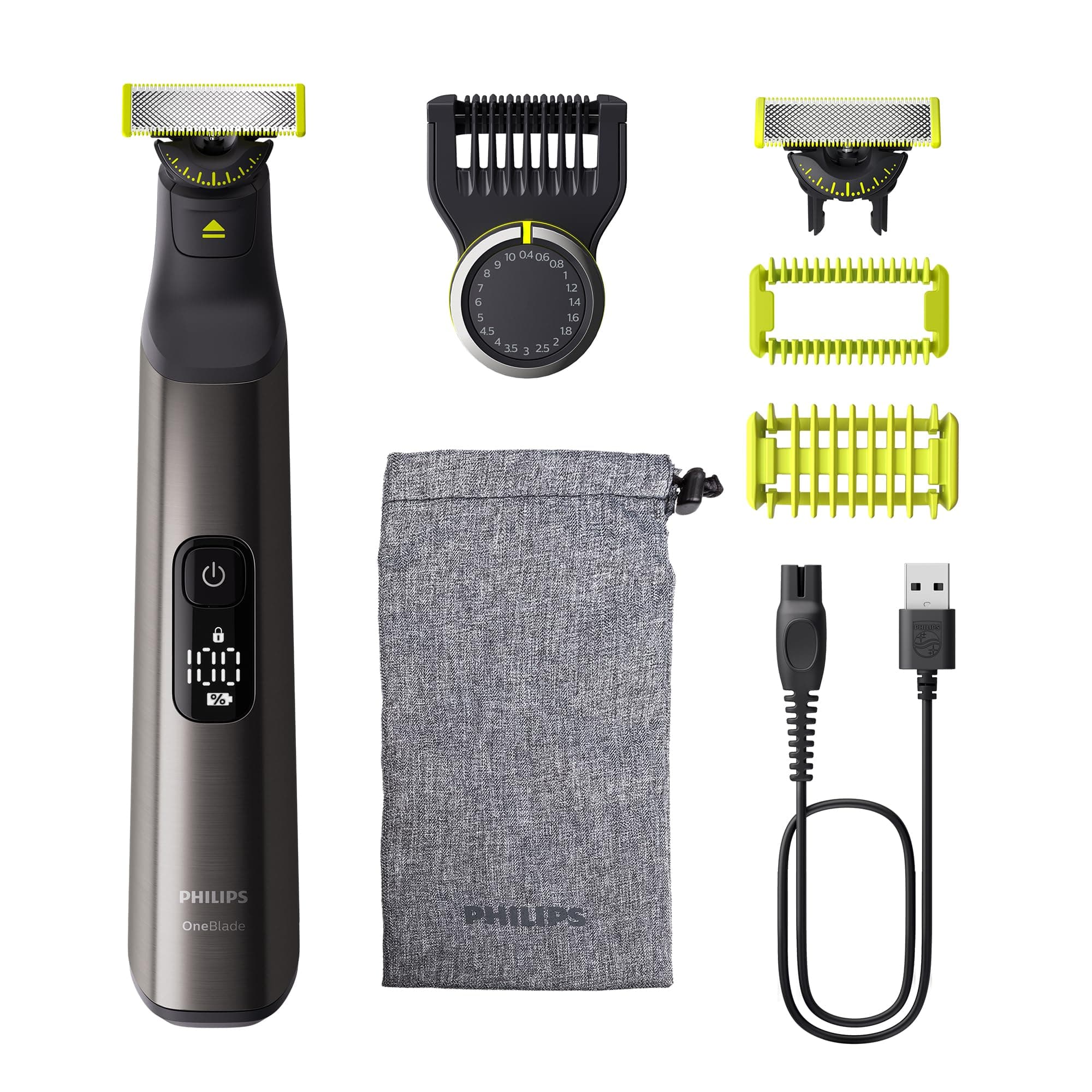 Philips OneBlade Pro 360 Auténtico Barbero, afeitadora y recortadora eléctrica facial y corporal, 2x 360 cuchillas, 1x peine de 20 longitudes, 1x kit corporal, 1x funda blanda, QP6552/30