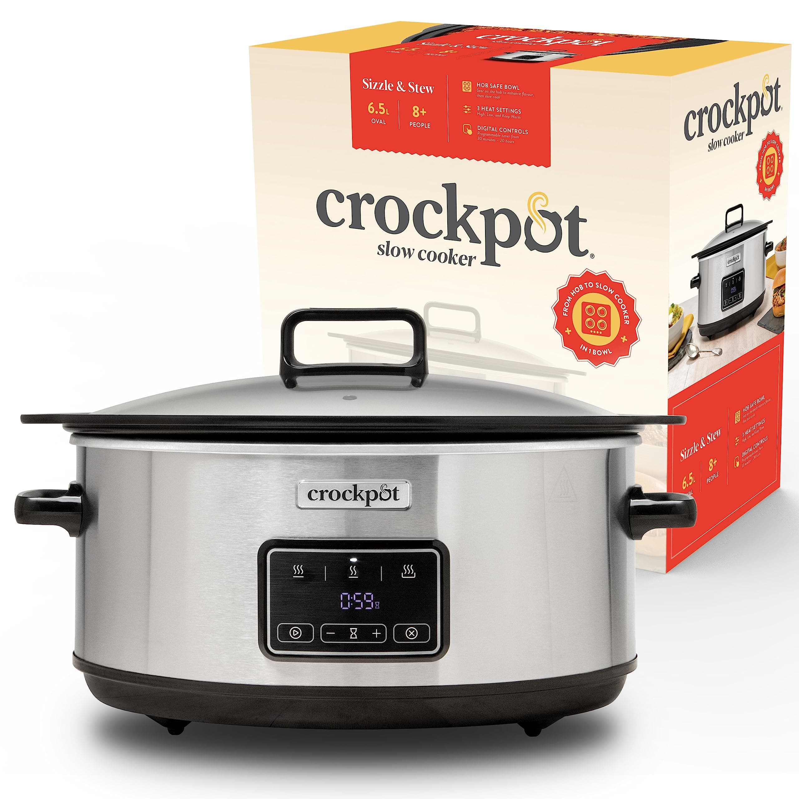 Crock-Pot Olla digital de cocción lenta Sizzle & Stew | 6.5 L (8+ Personas) | Bol extraíble apto para placas de inducción | Carne y verduras | Enchufe EU 2 Pin | Acero inoxidable [CSC112X]