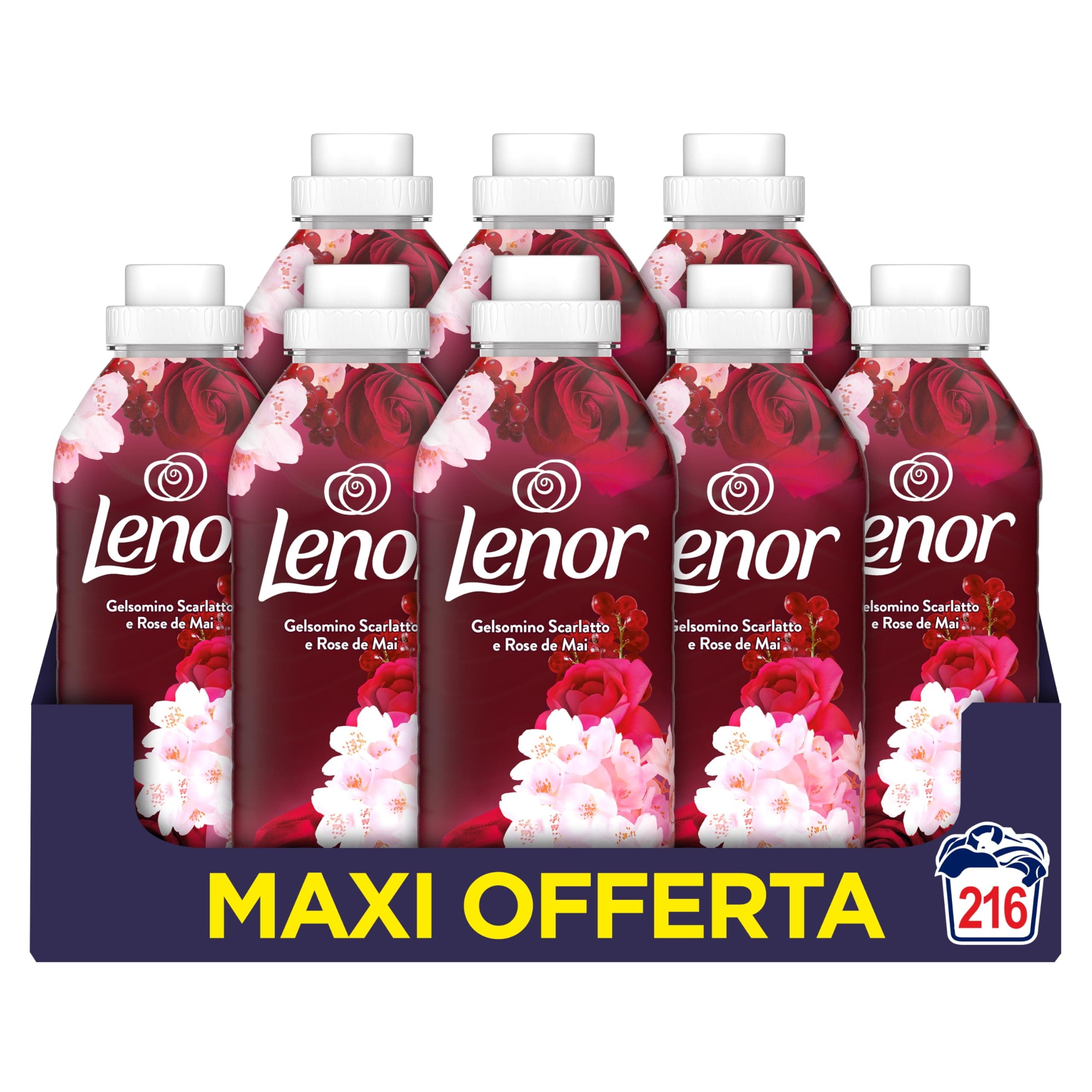Lenor Ammorbidente Lavatrice Concentrato 216 Lavaggi (27x8), Gelsomino Scarlatto E Rose De Mai, Freschezza Che Dura 3 Volte Più A Lungo Con Tecnologia Olii Profumati