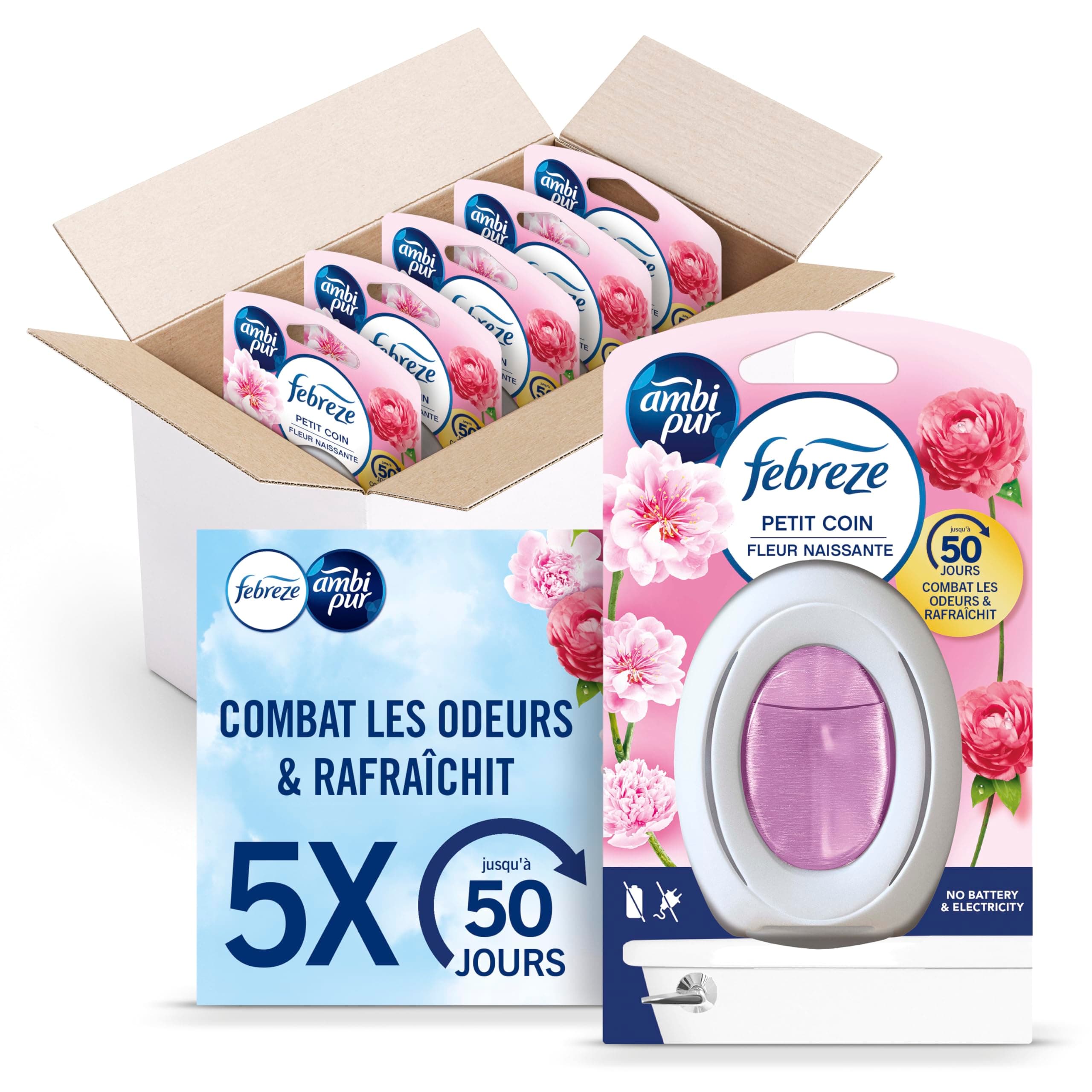 Febreze Petit Coin, Désodorisant WC En Continu (7.5ml x5), Parfum Fleur Naissante, Combat Les Odeurs, Fraîcheur Jusqu'à 50 Jours