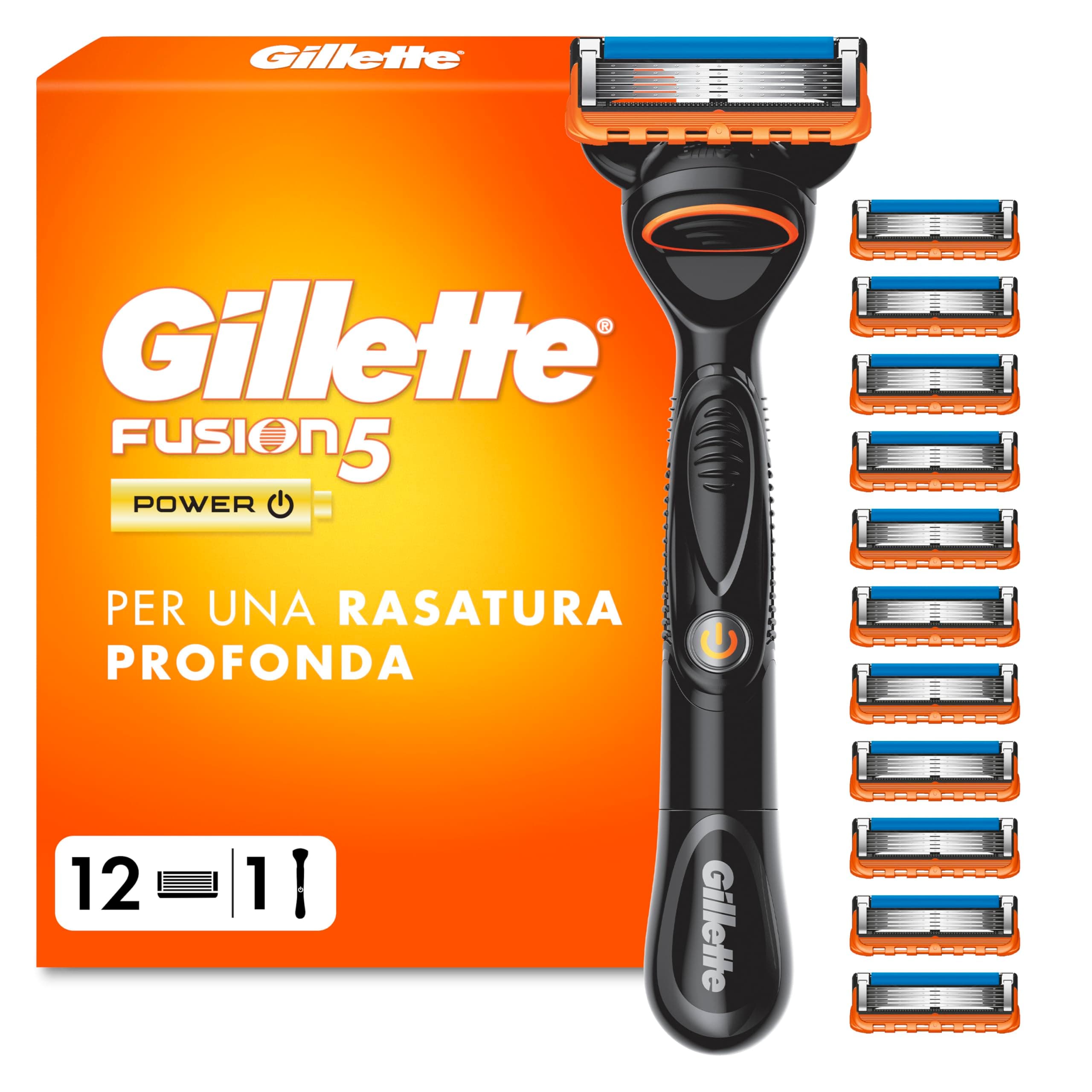 Gillette Fusion 5, 1 Rasoio Barba Manuale e 12 Lamette da Barba di Ricambio per Rasoio Manuale Fusion5, da 5 Lame, Rasatura Scorrevole con Striscia Lubrificante, Fino a 1 Mese di Rasatura per Lametta