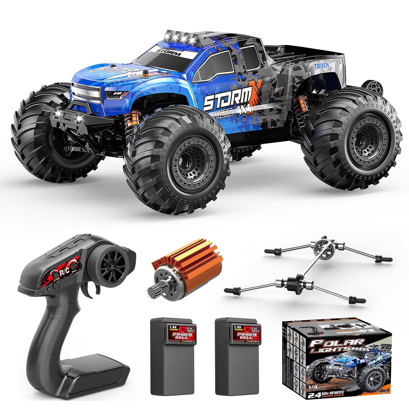 Voiture Télécommandée adulte 1:14 Off-Road RC Truck,Camion RC 4x4 Rapide 40 km/h,Véhicule Tout-Terrain avec 2 Batteries 1300mAh, Amortisseurs Métalliques,6 LED,RC Car Haute Vitesse pour Garçon/Homme