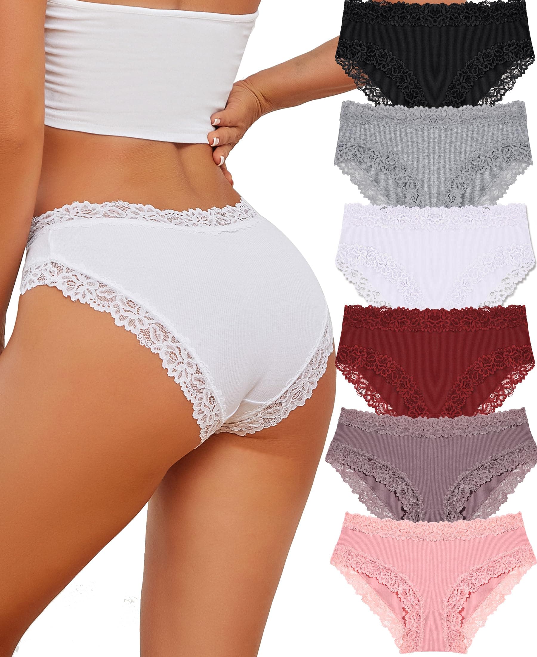 ALL OF SHE Bragas Mujer Algodón Ropa Interior Encaje Brazilian Hipster Lace Pack de 6 S-2XL
