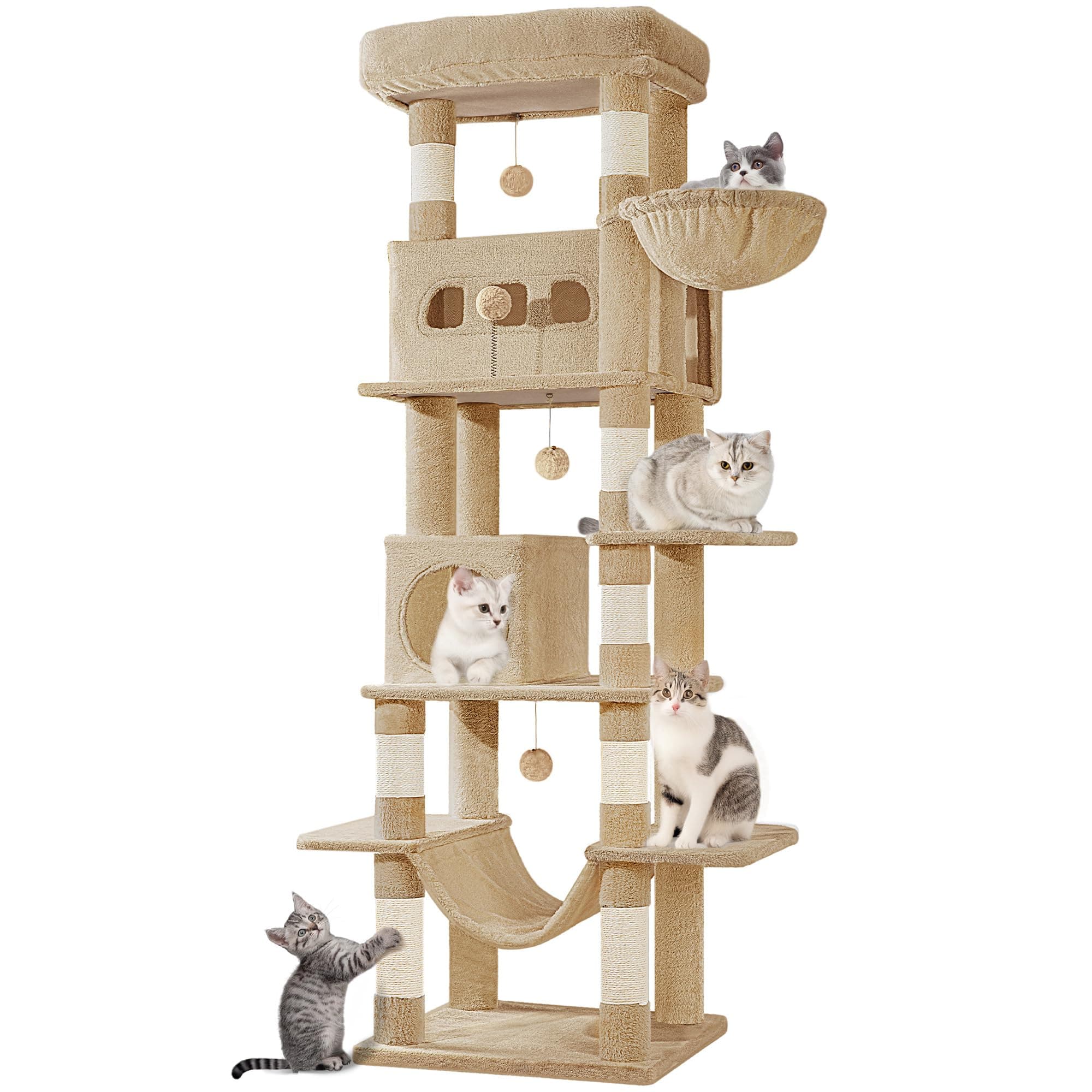 Hzuaneri 170 cm Grand Arbre à Chat, Tour à Chat pour Chats D'intérieur, avec Grand Perchoir, Tapis Lavable, 2 Niches Chats, 8 Griffoirs, Hamac, Pompons, Marron Camel MS17018LC