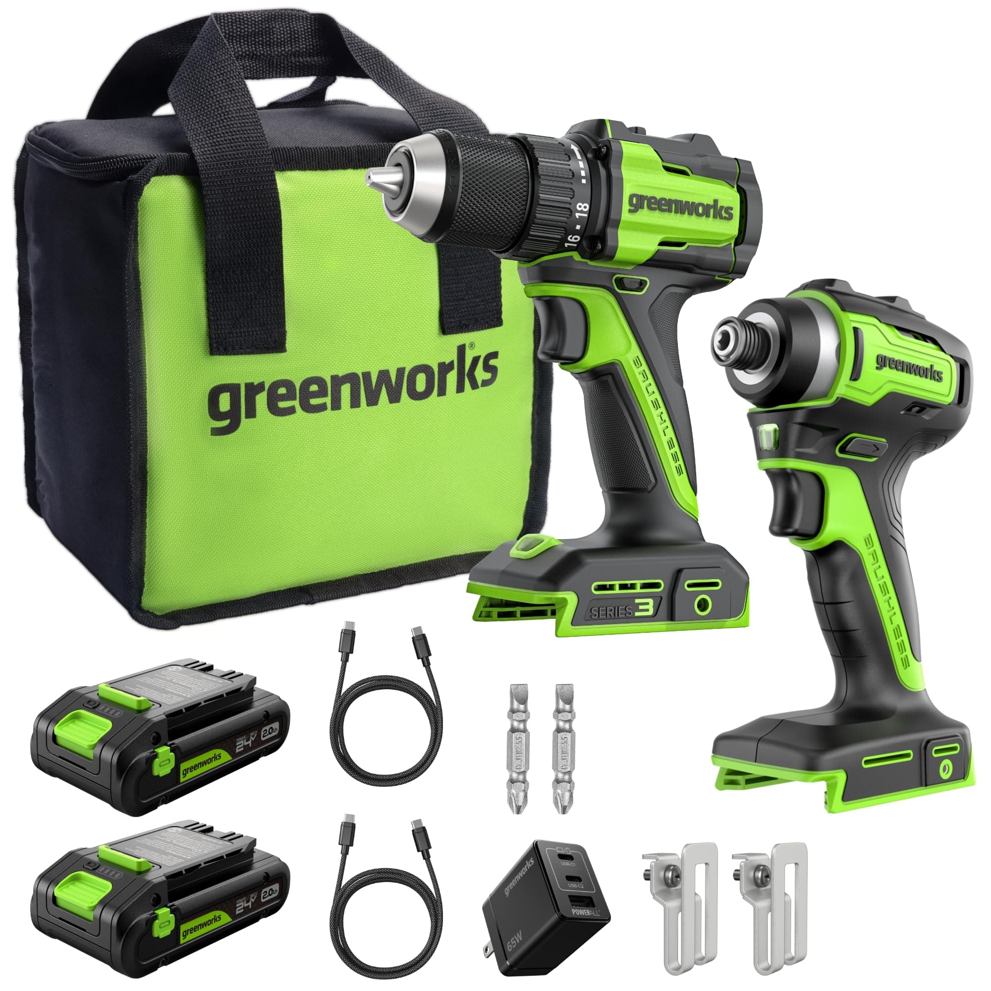 Greenworks 24V Trapano Avvitatore a Batteria 45Nm + 220Nm Avvitatore a impulsi a batteria Brushless, (2) batterie USB-C 2.0Ah (12.000mAh) e caricatore veloce USB-C da 65W (3 porte) CK321