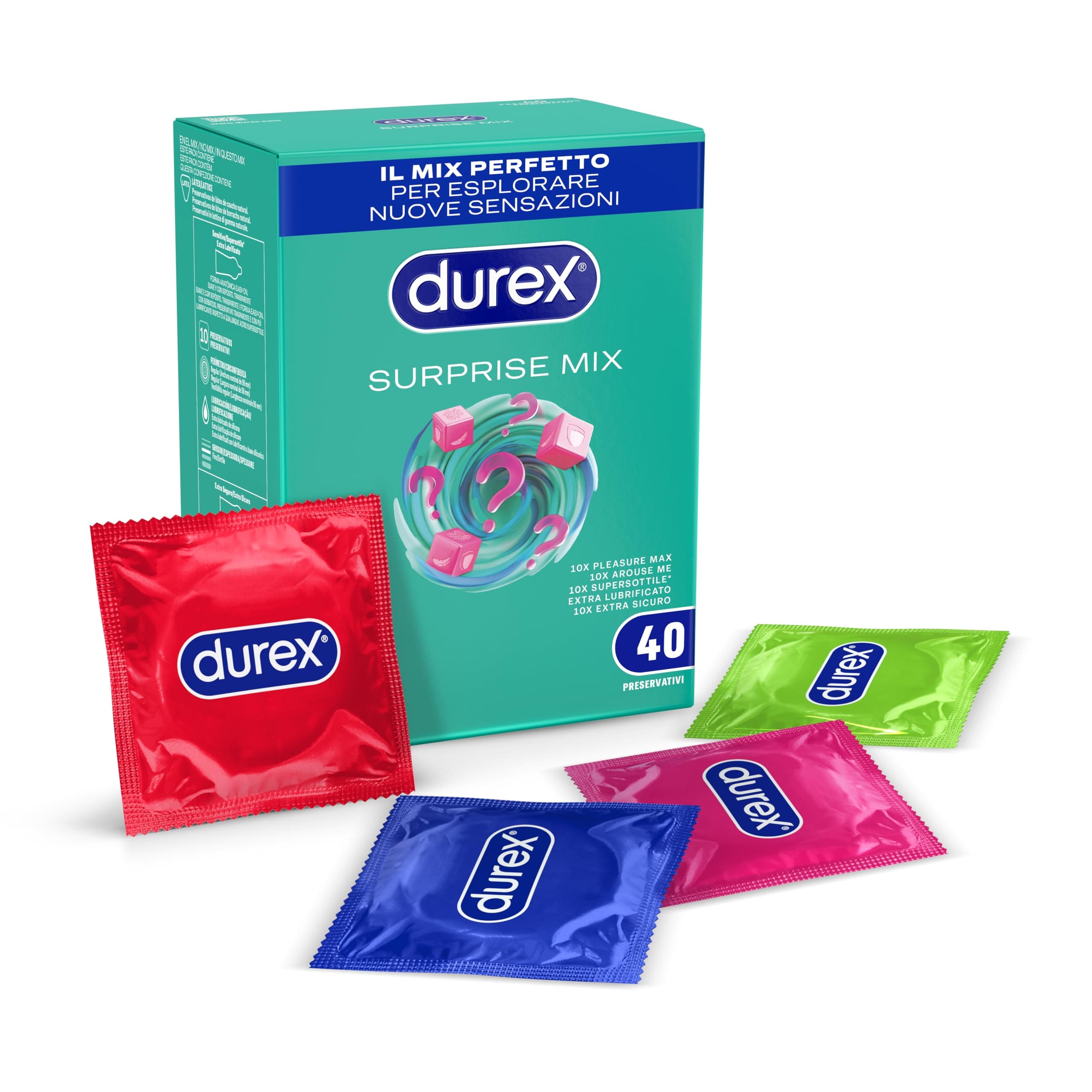 Durex Surprise Mix, Preservativi Assortiti, Profilattici Sottili e con Rilievi e Nervature, 40 Profilattici, Solo Online