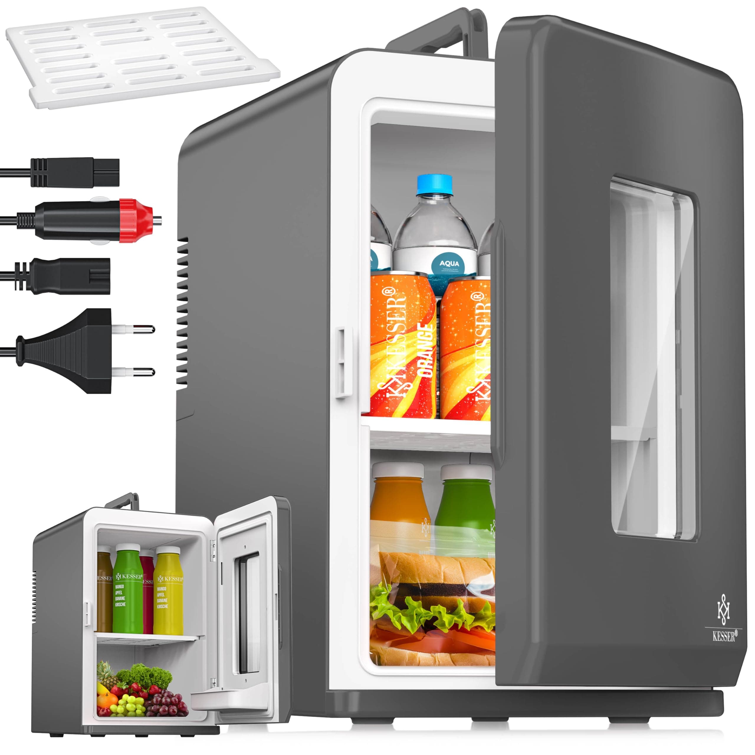 KESSER® 2in1 Mini Kühlschrank Kühlbox 15 Liter Kühl & Heizfunktion Tragbarer AC DC 220-240V/12V Steckdose und Zigarettenanzünder Warmhaltebox Mini-Thermobox Auto Büros Zimmer Camping Garten Anthrazit