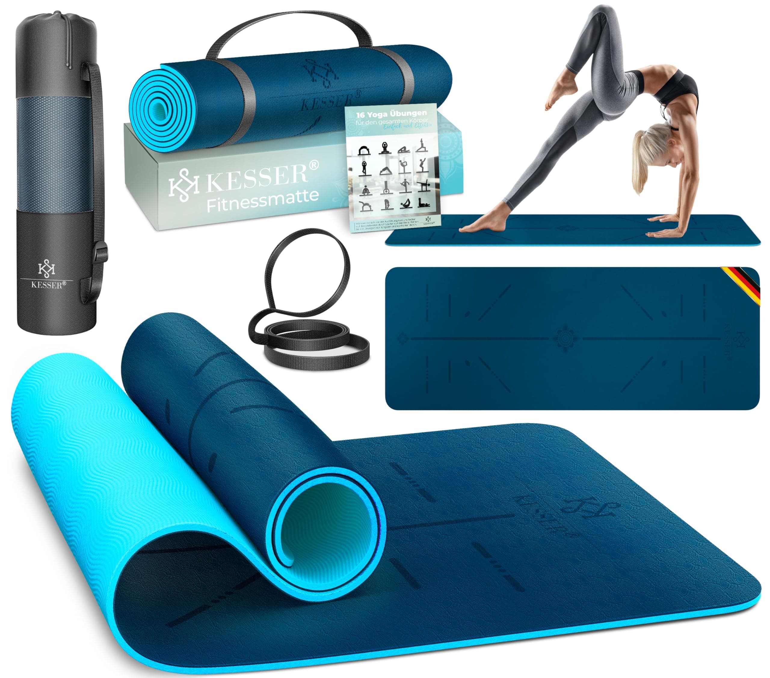 KESSER® Gymnastikmatte mit Tragegurt rutschfest TPE Yogamatte Gepolstert & rutschfest Fitnessmatte, 183 x 61 Trainingsmatte für Fitness Sportmatte, Pilates & Gymnastik Workout