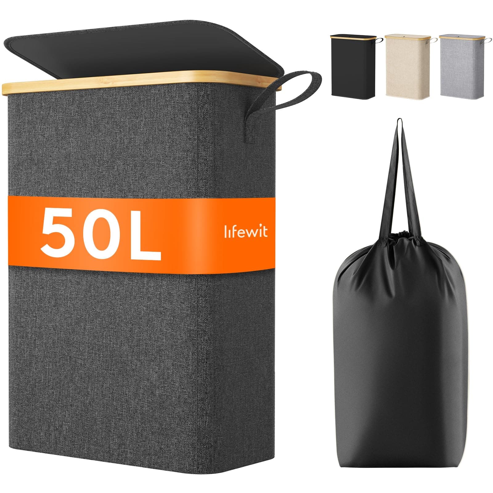 Lifewit 50L Wäschekorb Schmal mit Deckel, Faltbarer Wäschesammler Schmal mit Wäschesack, Laundry Basket Wäscheboxen aus Bambus mit Tragegriff für Apartment, Wohnheim und Wohnwagen,Schwarz