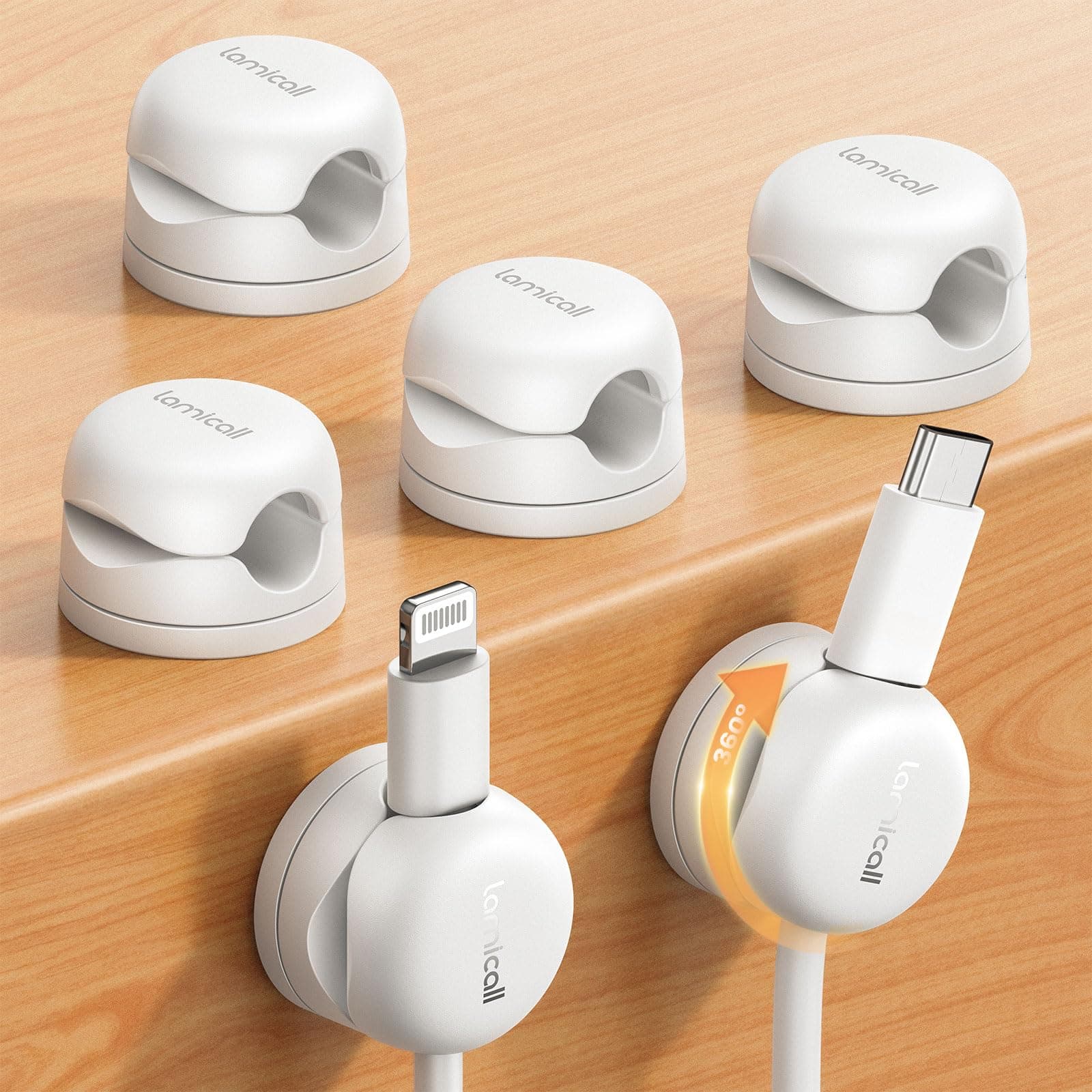 Lamicall Kabelhalter Selbstklebend, 6 Stück Kabelclips Kabelhalterung - [Upgraded 360° Drehbar] Feder Kabel Clips, [1S Klemmt] Kabelklemmen Schreibtisch für HDMI, Kabel Organizer für Tisch/Auto/Wand
