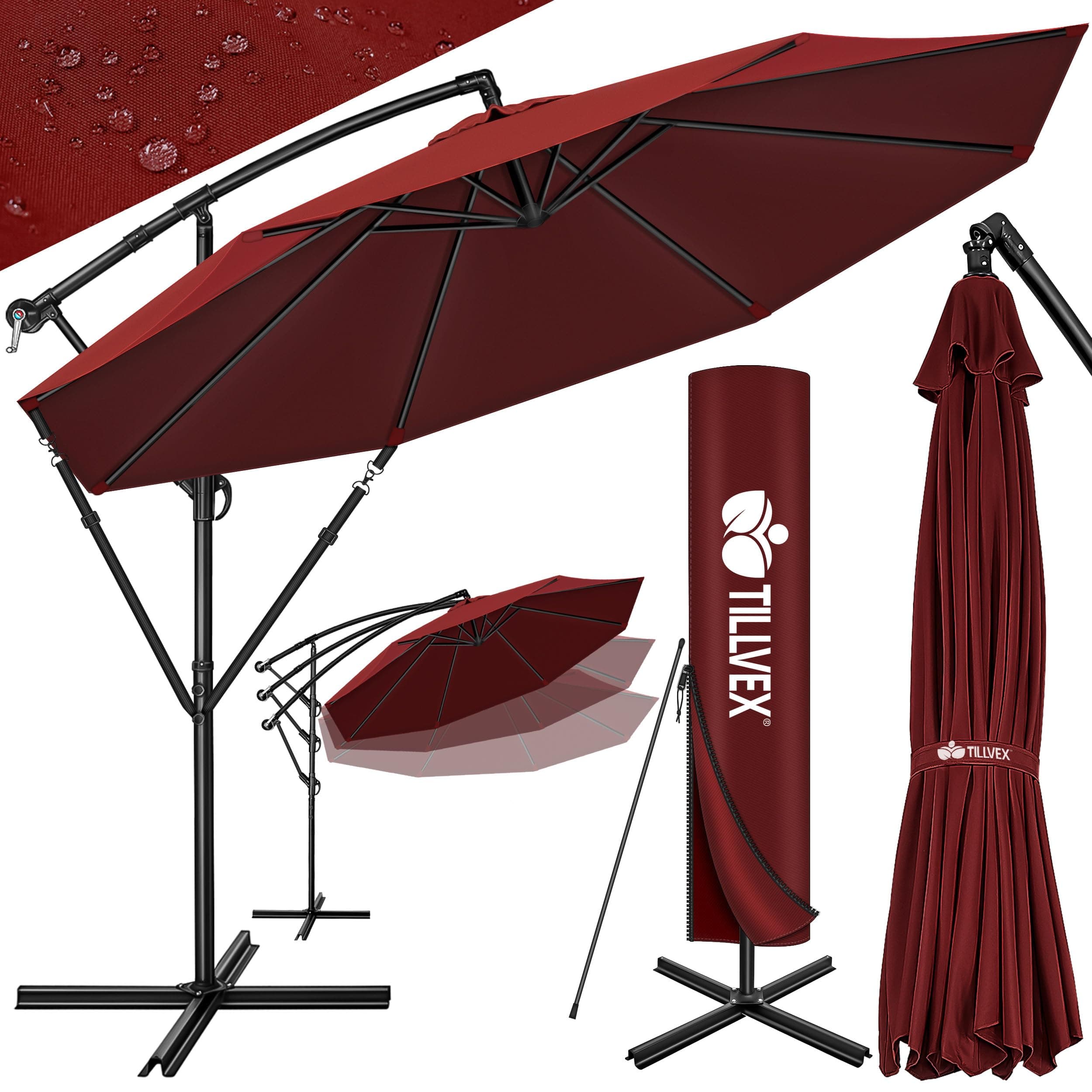 tillvex Parasol déporté hexagonale 3M avec manivelle | Pare-soleil avec pied | Protection UV en aluminium pour le jardin | Parasol à manivelle pour le marché déperlant