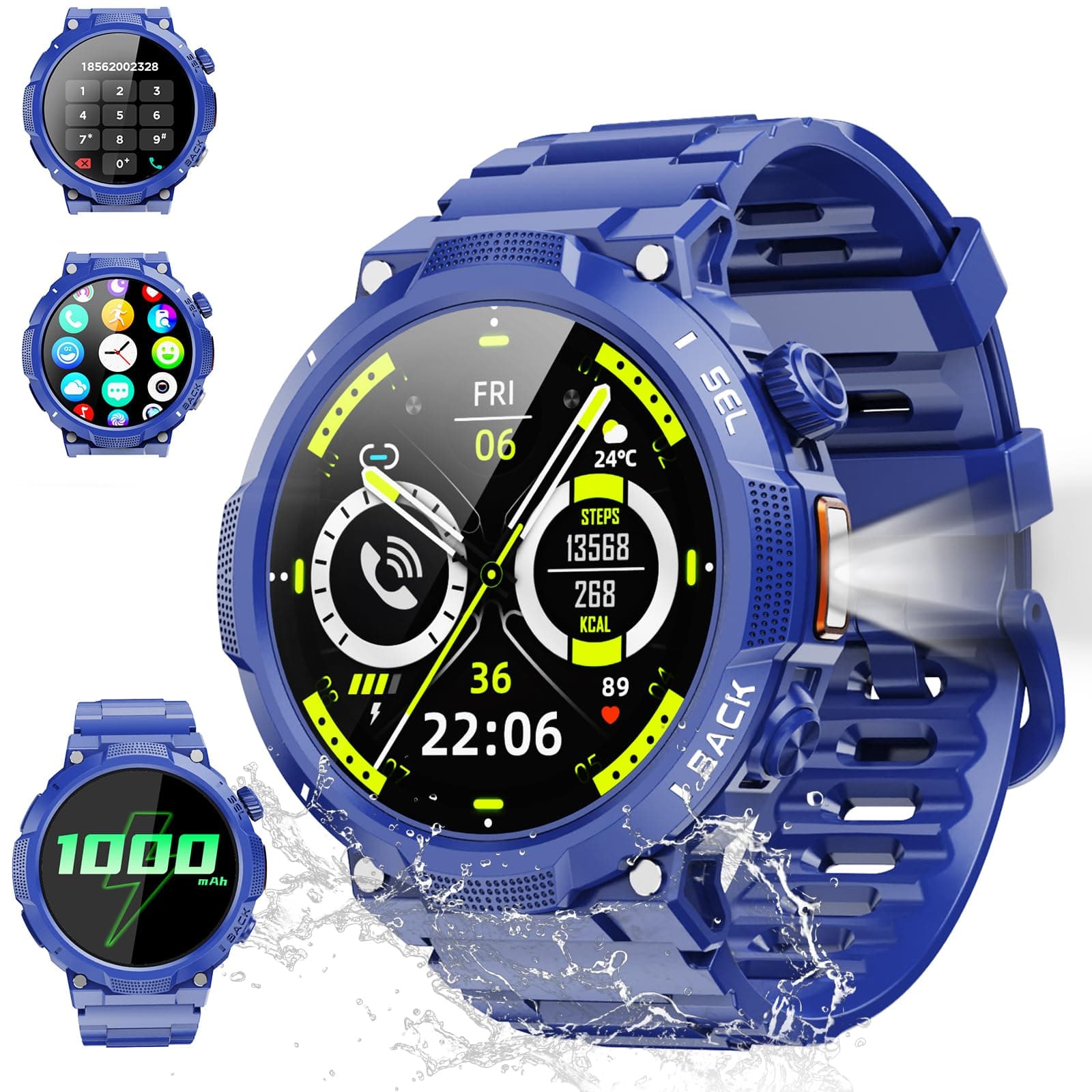 Reloj Inteligente Hombre con Linterna, 1.53'' Militar Smartwatch con Batería de 1000mAh, IP68 Reloj Deportivo con Llamadas Bluetooth/Monitor de Sueño/Pulsómetro, 100+Modos Deportivos para Android iOS
