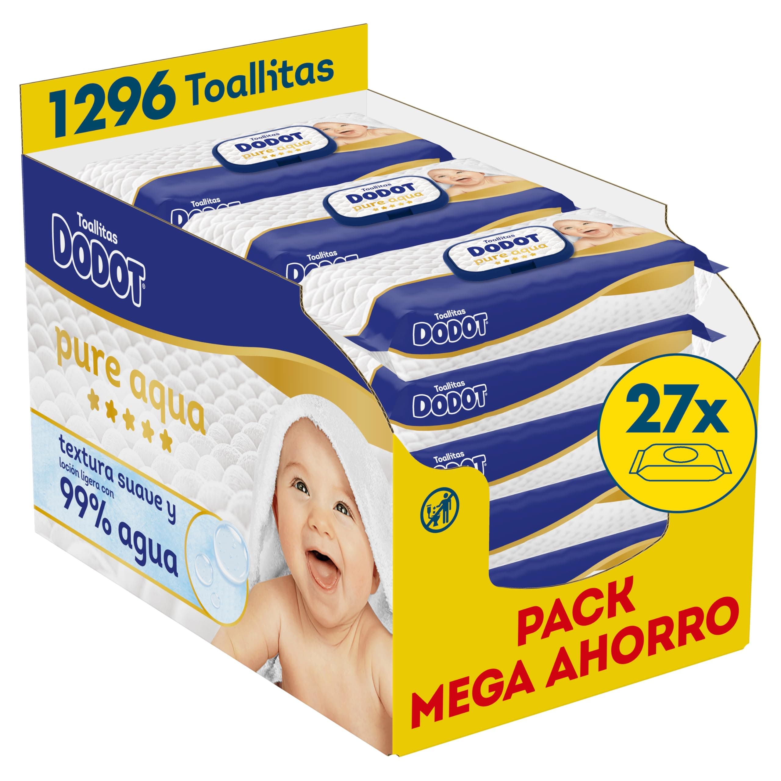 Dodot Toallitas Pure Aqua Para Bebé, 1296 Toallitas (9 Packs de 48 Unidades, Paquete de 3), Ayuda A Restaurar El PH Natural De La Piel, 99% Agua, Sin plástico