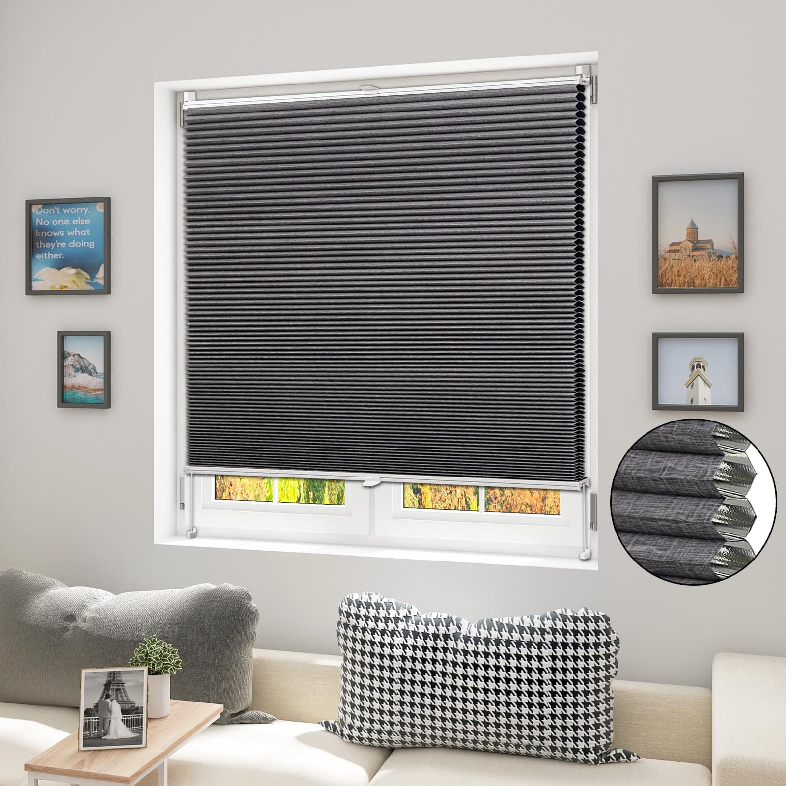 WOLTU Wabenplissee ohne Bohren verdunkelung Thermo Doppelplissee Klemmfix Zweifarbig 60x120 cm Dunkelgrau-Weiß, Plissee Faltrollo Sonnen-, Sicht- & Schallschutz, Jalousie Plisseerollo für Fenster&Tür