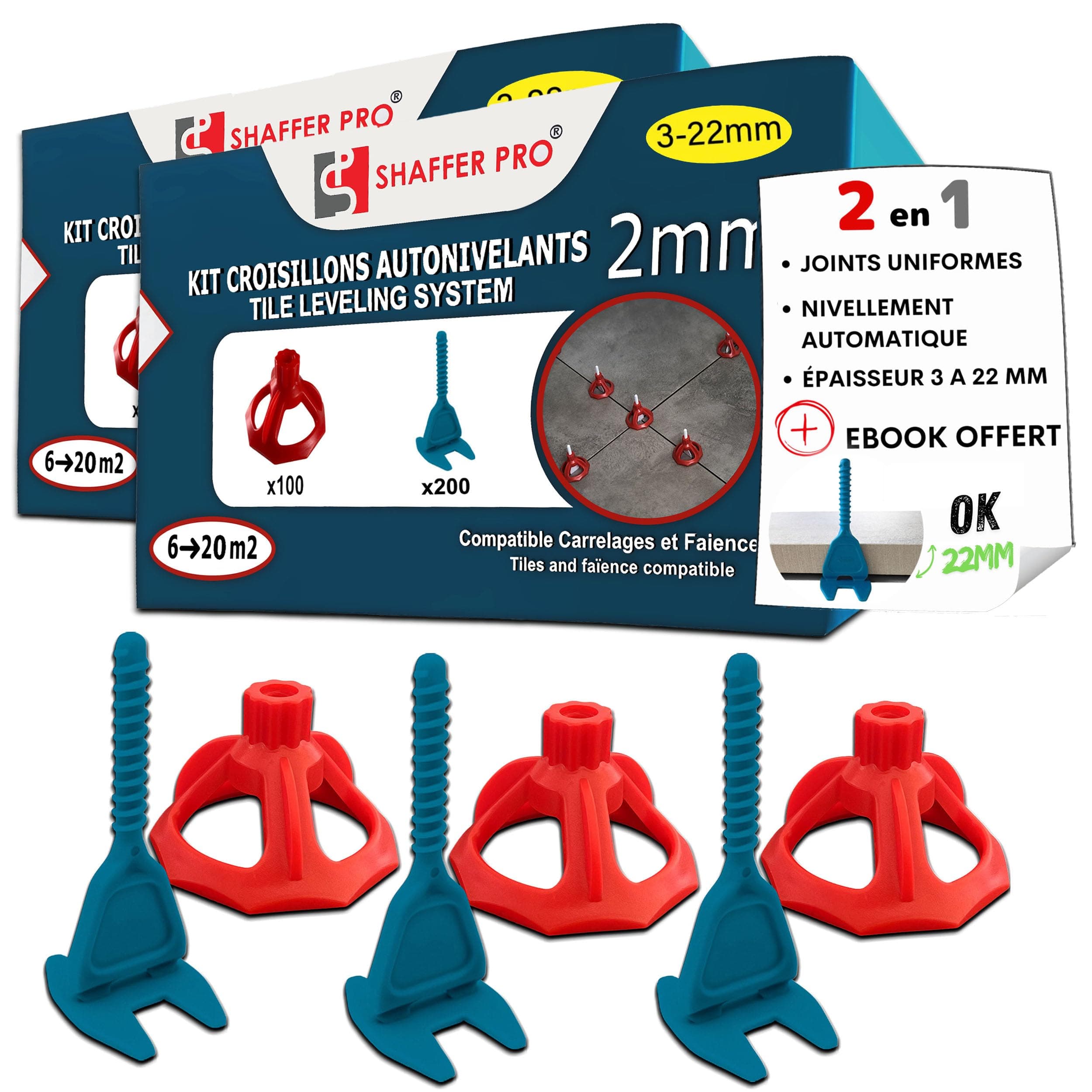 Croisillons carrelage autonivelant 2 mm | 400 clips + 200 cadrans réutilisables | 3-22 mm I Shaffer pro | compatible 20mm I système nivellement à visser | aide la pose de carreaux pour pose Sols/murs