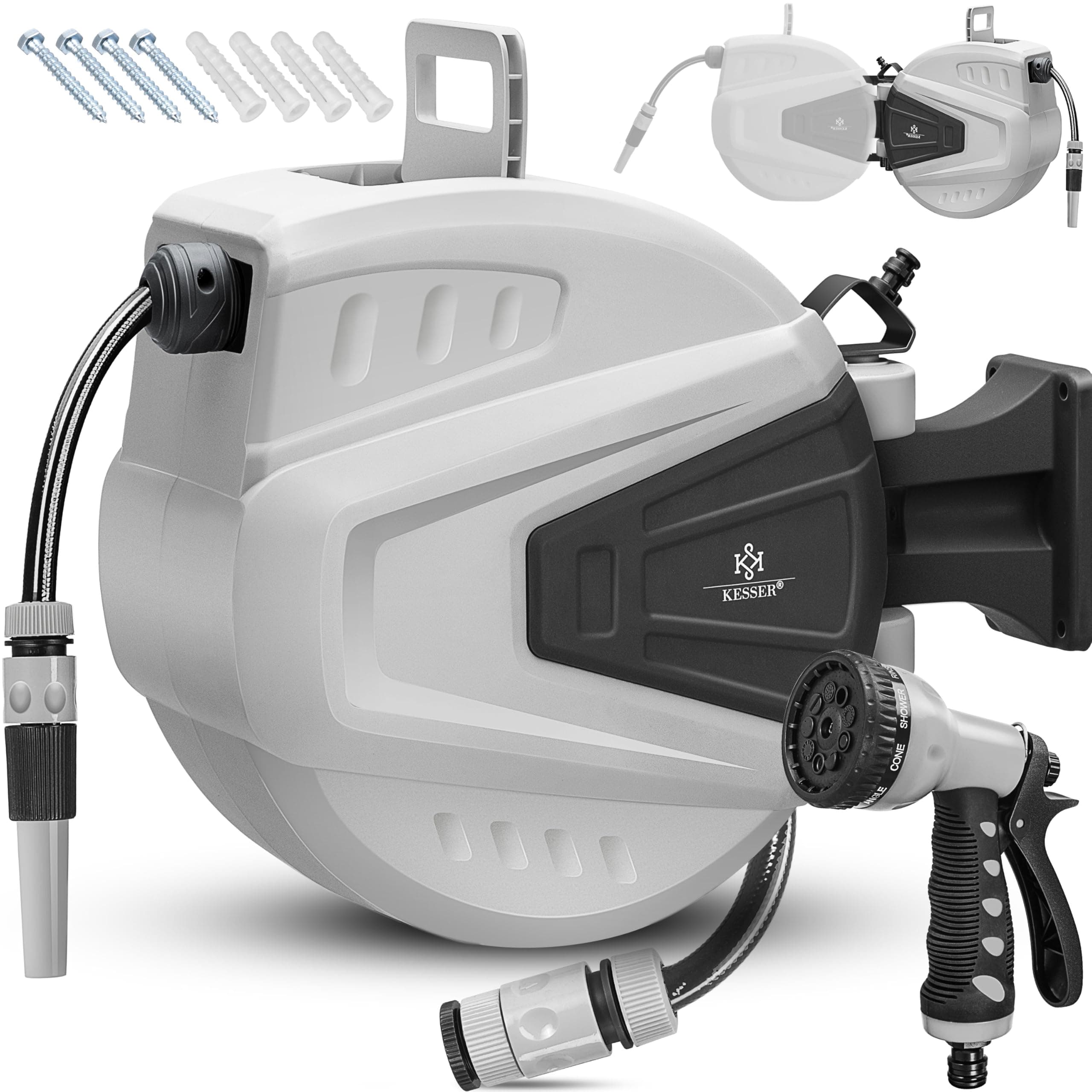 KESSER® Avvolgitore di Tubi Acqua | Doccetta Multipla | Orientabile a 180° | Tappo di riavvolgimento | Cassetta dei Tubi a Parete | Avvolgitubo dell'Acqua | Pompa da Giardino, Blu, 30 Metri