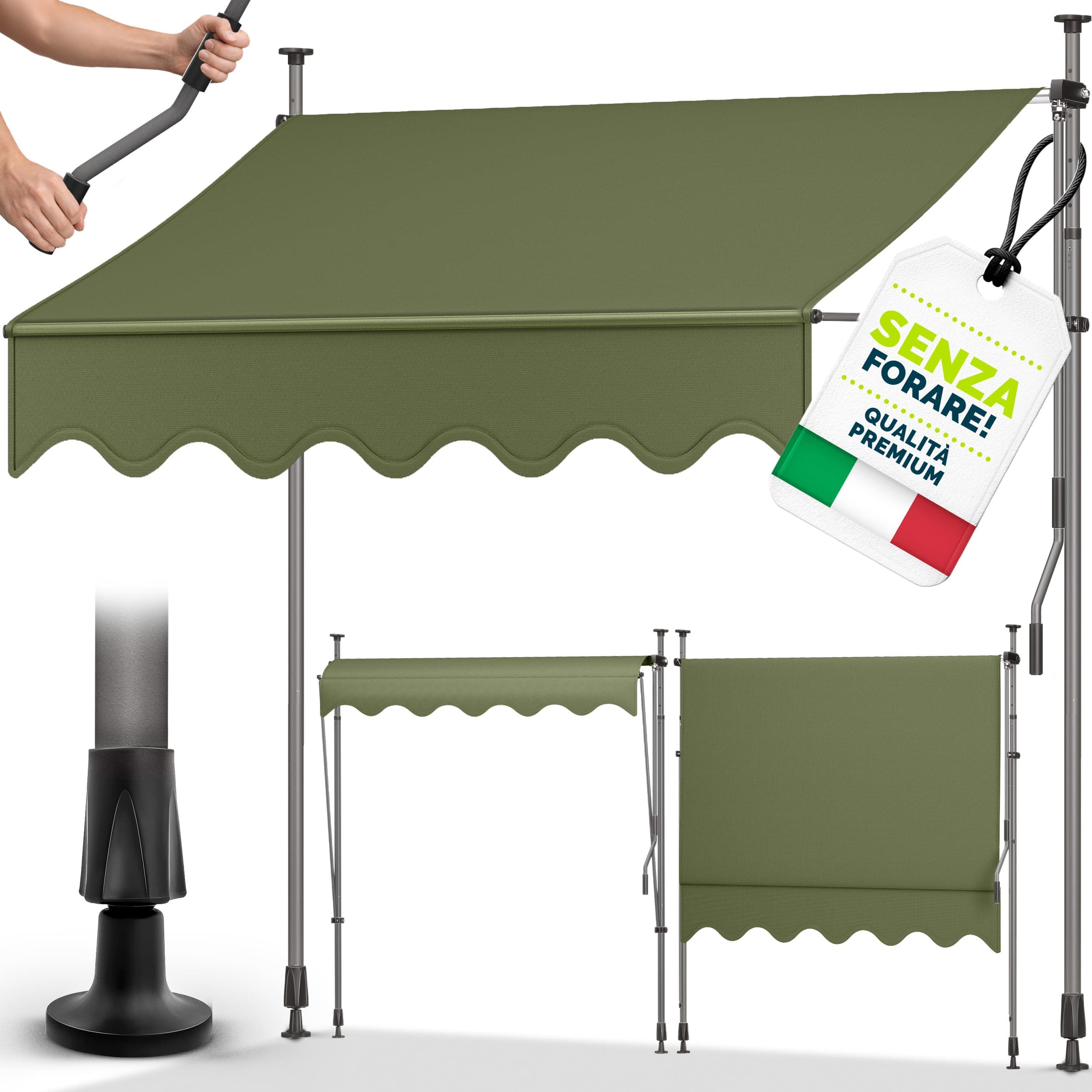 tillvex Tenda da Sole a Bracci con Manovella | Protezione per Balcone, Regolabile, Senza Forare | Tenda Resistente per Esterno Raggi UV e Regolabile in Altezza (Verde militare, 250cm)