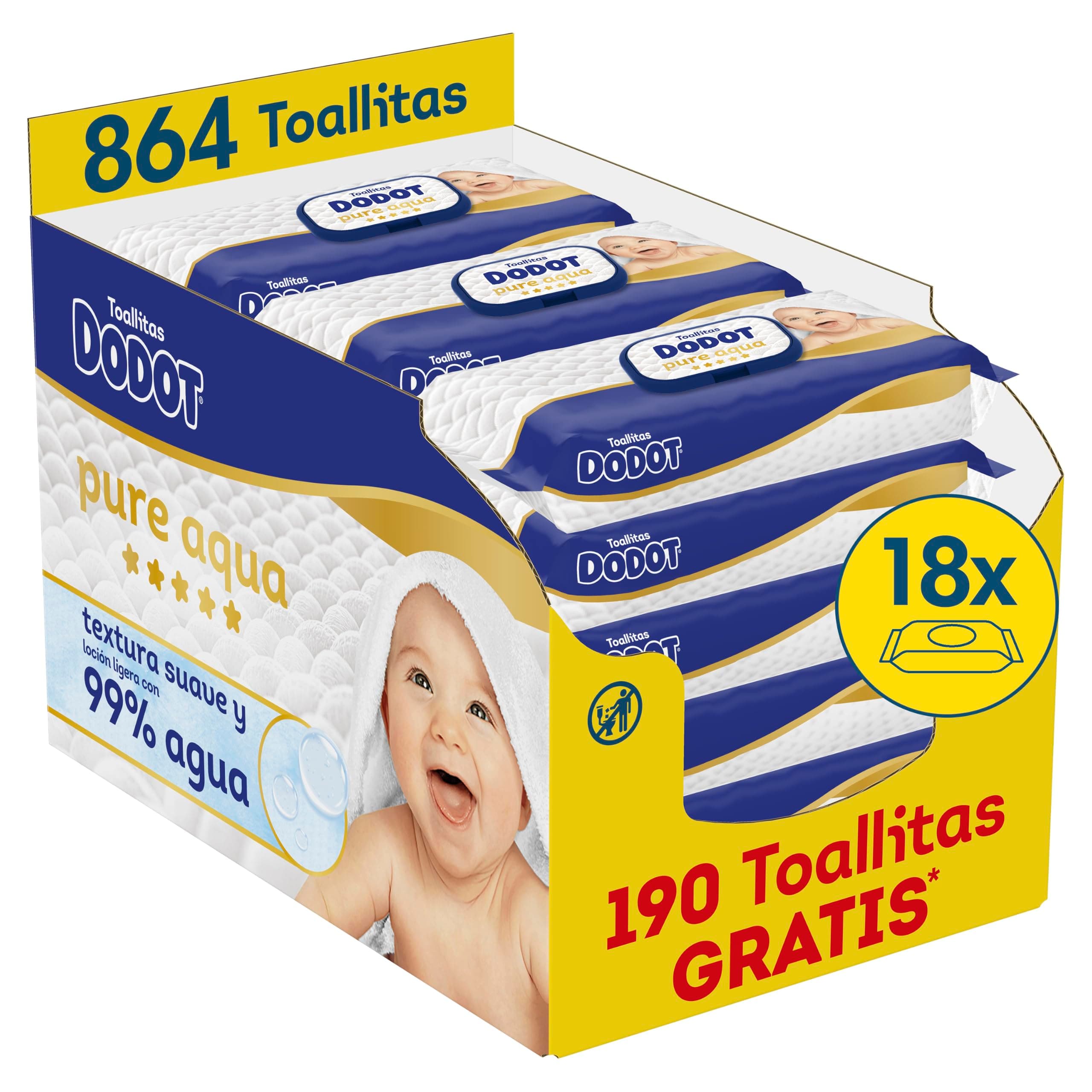 Dodot Toallitas Bebé Pure Aqua, 864 Toallitas (18 Packs x 48 uds) | 99% agua, ayuda a restaurar el pH natural de la piel, sin plástico, suaves para cada cambio de bebé